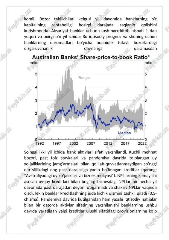 llar yaqinda o'sdi, lekin banklar kreditlashning juda kichik qismini tashkil qiladi (3.3-chizma). pandemiya davrida kutilganidan ham yaxshi iqtisodiy natijalar bilan bir qatorda aktivlar sifatining yaxshilanishi banklarning ushbu davrda yaratilgan yalpi kreditlar ulushi sifatidagi provizionlarning ko‘p qismini yechishiga olib keldi. rezervlarning bekor qilinishi banklarning asosiy daromadlarini qo'llab-quvvatladi. tarjimasi: 👇 yuqori foiz stavkalari, ishlab chiqarish xarajatlari va narxlarning ko'tarilishi ko'plab uy xo'jaliklari va korxonalarning daromadlarini siqib chiqarishi mumkin, bu ularning qarzlariga xizmat ko'rsatishni qiyinlashtiradi (qarang: "2-bob: avstraliyada uy xo'jaligi va biznes moliyasi"). yuqori foiz stavkalari, shuningdek, kreditlarni kafolatlovchi aktivlarning garov qiymatining pasayishiga olib kelishi mumkin. bozor tahlilchilari va zaxira bankining banklar bilan aloqasi, qarzdorlik va umidsiz qarzlar hozirgi past darajadan oshishi mumkinligini ko'rsatmoqda. ba'zi banklar umidsiz qarzlarning ko'p bo'lish ehtimolini hisobga olish uchun o'z provayderlarini ko'paytirdilar, bunda provayder qoldig'i boshqacha bo'lishi mumkin bo'lganidan yuqori, ammo pandemiya davridagidan ancha past bo'ladi. tarjimasi: 👇 yuqori kapital darajasi banklarning barqarorligini ta'minlaydi. foiz stavkalari va inflyatsiyaning …