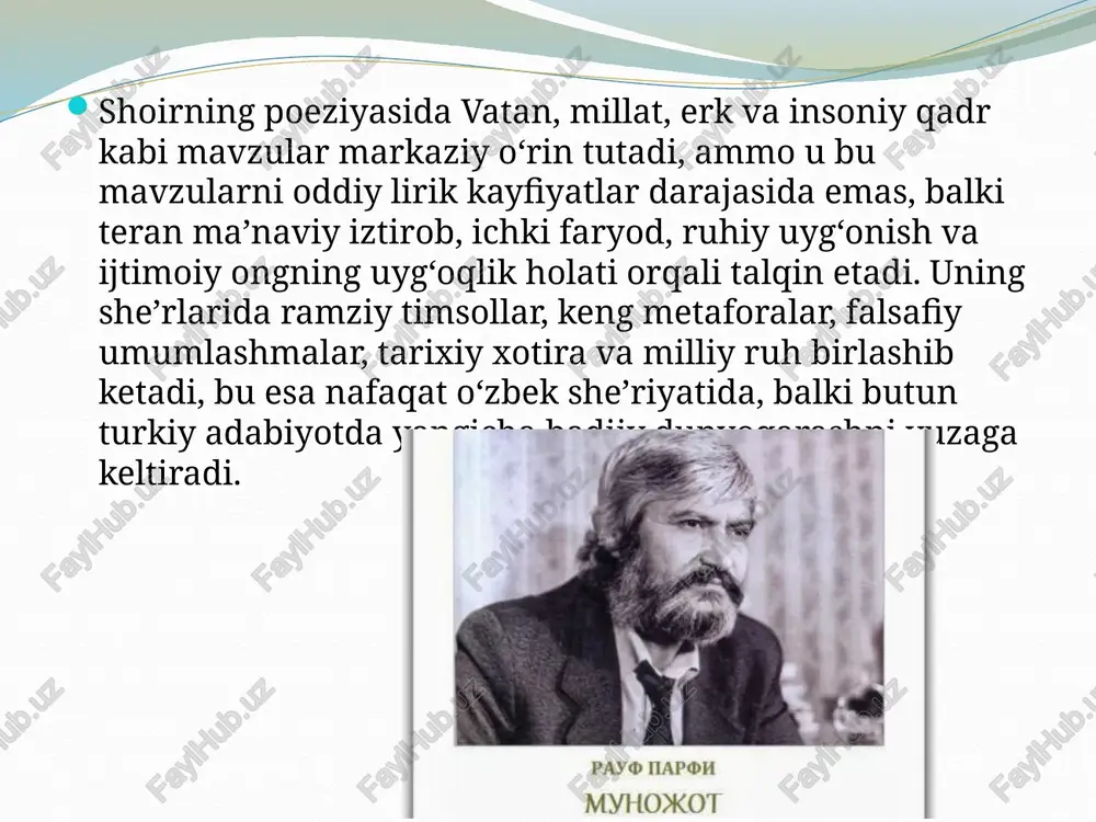 as, balki mushohada jarayoniga aylantiradi. bu uslub nafaqat badiiy yangilik, balki shoirning ruhiy kechinmalarining tabiiy ko‘rinishidir: unda satrlar orasidagi sukunat, bo‘shliq va pauzalar ham ma’no yuklaydi. shuningdek, rauf parfi she’riyatida fonetik ohangdorlik, ichki ritm, so‘zlarning tovush uyg‘unligi sharqiy lirikaga xos musiqiylik bilan uyg‘unlashib, uning uslubiga o‘ziga xos joziba bag‘ishlaydi. xulosa shoir o‘zbek adabiyotida falsafiy lirikaning yangi ko‘rinishini shakllantirdi; undagi fikr kuchi, ruhiy iztirob, milliy ong uyg‘onishi zamonaviy she’riyatning ma’naviy mezonlarini o‘zgartirdi. rauf parfi ijodi natijasida so‘zning oddiy estetik vosita emas, balki ijtimoiy-madaniy xotira, ruhiy qarshilik va ozodlik timsoliga aylanish jarayoni yuz berdi. uning uslubi ko‘plab yosh shoirlar uchun badiiy namunaga aylandi: bugungi o‘zbek poeziyasida ramziy ifoda, metaforik tafakkur, ruhiy-falsafiy mushohada kuchaygani bevosita parfi maktabining samarasi sifatida ko‘riladi. mustaqillikdan keyingi adabiyotda erkin fikrlash, milliy-madaniy o‘zlikni qayta anglash jarayoni shoirning ijodiy tajribalari bilan tutashib ketdi; uning poetik qarashlari o‘zbek she’riyatini modern, chuqur ma’noli va o‘ziga xos badiiy fazoga olib chiqdi. image4.jpeg image5.jpeg …