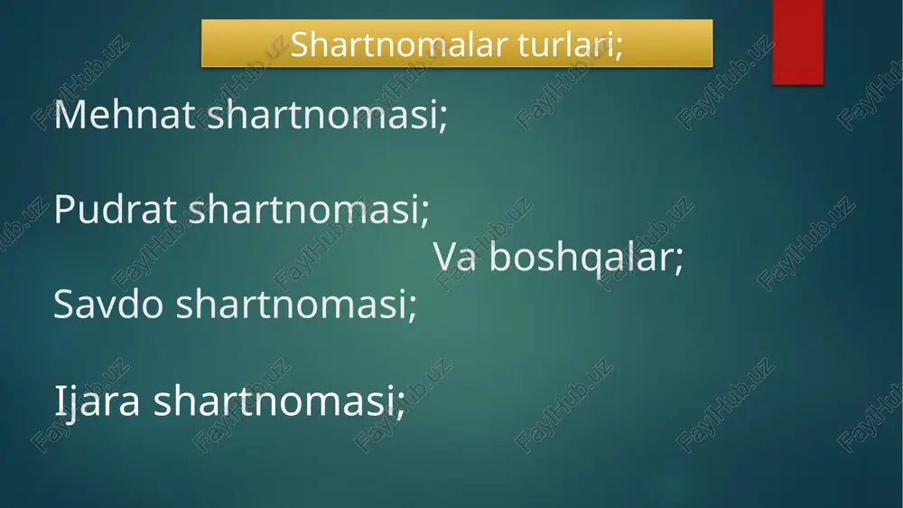 zarur bo‘lgan holda - yuklash ma’lumotlari. 5. shartnomani tuzish. qonunchilikka muvofiq, shartnoma, shartnomaning barcha muayyan shartlari bo‘yicha tomonlar o‘rtasida kelishilganidan so‘ng tuzilgan hisoblanadi. shartnomani tuzish vaqti bitimga tomonlar tasdiqlagan shartnoma shakli berilgan vaqt bilan belgilanadi. 6.shartnomani o‘zgartirish va bekor qilish. tomonlarning kelishuviga ko‘ra, shuningdek qonunchilik yoki shartnomada ko‘zda tutilgan asoslarga ko‘ra shartnomani o‘zgartirish va bekor qilish. tomonlardan birining talabiga ko‘ra shartnoma faqat boshqa tomon shartnomani qat’iy ravishda buzgan holdagina, shuningdek qonunda yoki shartnomada ko‘zda tutilgan boshqa hollarda sud qaroriga ko‘ra o‘zgartirilishi yoki bekor qilinishi mumkin. shartnoma tuzilgan vaziyatlar muayyan ravishda o‘zgargan hollarda xam shartnoma o‘zgartirilishi va bekor qilinishi mumkin. agarda qonunda yoki shartnomada boshqa hollar ko‘zda tutilmagan bo‘lsa, shartnomani o‘zgartirish yoki bekor qilish to‘g‘risidagi bitim shartnoma tuzilgan shaklda tuziladi. image6.jpeg image7.jpeg image8.jpeg image9.jpeg image10.jpeg image11.jpeg image12.jpeg image13.jpeg image14.jpeg image2.png image3.png image4.png image5.png /docprops/thumbnail.jpeg