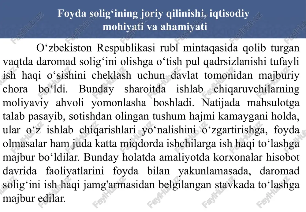 djeti daromadlaridagi salmog‘i 2004-yilda 7,0 foizni tashkil etgani holda, 2006-yilda 5,4 foizni, 2018-yilda esa 4 foizni tashkil etgan, ya’ni tahlil etilgan 15 yil davomida ushbu ko‘rsatkich 2,2 barobarga kamaygan. bu holat yuridik shaxslardan olinadigan foyda solig‘i stavkalarining mazkur yillarda pasayib borganligi bilan izohlanadi. biroq, 2019-yilda foyda solig’ining salmog’i 11,6 foizli bandga ortgan va 15,6 foizni tashkil etgan. bunday o’sish foyda solig’i to’lovchilarining keskin ortishi bilan izohlanadi. foyda solig‘ining joriy qilinishi, iqtisodiy mohiyati va ahamiyati 10 soliq to‘lovchilar tarkibi, soliq obyekti va soliq bazasi o’zbekiston respublikasi soliq kodeksining 294-moddasiga muvofiq quyidagilar foyda solig’ining soliq to’lovchilari deb e’tirof etiladi: - o’zbekiston respublikasining soliq rezidentlari bo’lgan yuridik shaxslar; - o’zbekiston respublikasining norezidentlari bo’lgan yuridik shaxslar, shuningdek o’zbekiston respublikasida faoliyatni doimiy muassasalar orqali amalga oshiradigan, yuridik shaxs tashkil etmagan holdagi chet el tuzilmalari; - o’zbekiston respublikasidagi manbalardan daromadlar oluvchi o’zbekiston respublikasi norezidentlari bo’lgan yuridik shaxslar; - soliq to’lovchilar konsolidatsiyalashgan guruhining mas’ul ishtirokchilari bo’lgan yuridik …