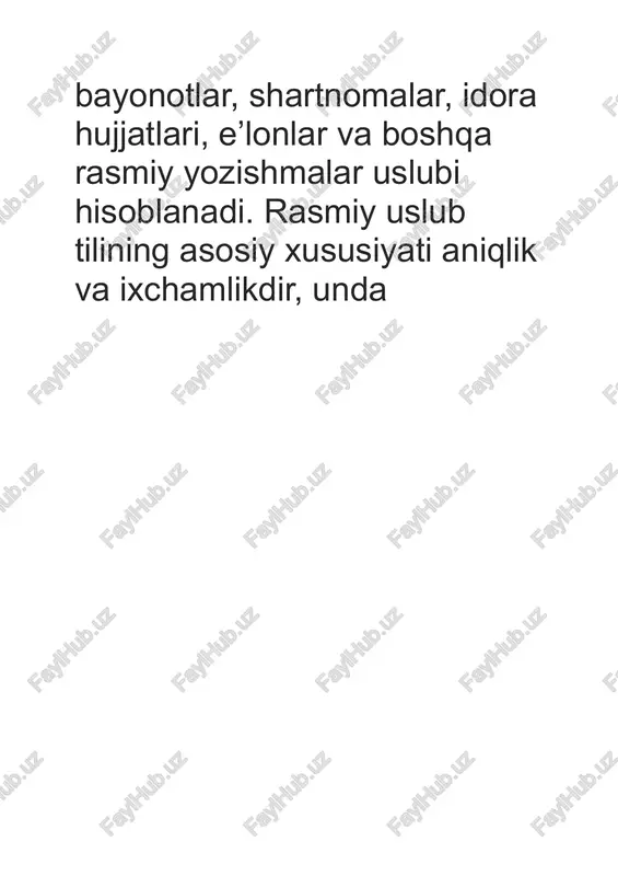 ologiyasi ma’lumotlarga ko'ra, boshqa so'z birikmalariga qaraganda 8 – 10 marta tez idrok qilinar ekan. shuni nazarda tutish kerakki qoliplashgan so'z birikmalari hujjatlarni tayyorlash va ulardan foydalanish jarayonlarini anchagina tezlashtirish imkonini beradi.shuningdek, har bir hujjat turining mohiyati va maqsadi bilan bog'liq ravishda o'ziga xos qoliplashgan sintaktik tuzilmalar shakllana boradi. masalan, buyruqda quyidagicha qoliplashgan tuzilmalar qo'llanishi mumkin: “...so'm maosh bilan ...lavozimiga tayinlansin”; “...o'z xohishiga ko'ra ...lavozimidan ozod qilinsin”; “...boshqa ishga o'tganligi munosabati bilan ...lavozimidan ozod qilinsin”; yoki xizmat yozishmalarida quyidagi tayyor nutq qurilmalari foydalanish mumkin? sizga ...ni ma’lum qilamiz? sizga ...ni bildiramiz? sizga ...ni eslatamiz”. hujjatlarni tayyorlash umumiy qoidalariga ko'ra ularning zaruriy qismlari (rekvizitlari) quyidagicha: 1.o'zbekiston respublikasining gerbi. 2.tashkilot yoki korxonaning ramziy belgisi (emblemasi). 3.mukofot tasviri. 4.vazirlik yoki yuqori idoraning nomi. 5.muassasa, tashkilot yoki korxonaning nomi. 6.tarkibiy tarmoqning nomi. 7.aloqa muassasasining shartli raqami (indeksi), tashkilot yoki korxona manzili, telefon raqami, faks raqami, bankdagi hisob-kitob raqami. 8.matn sarlavhasi. 9.sana. 10.shartli raqam. 11.keladigan …