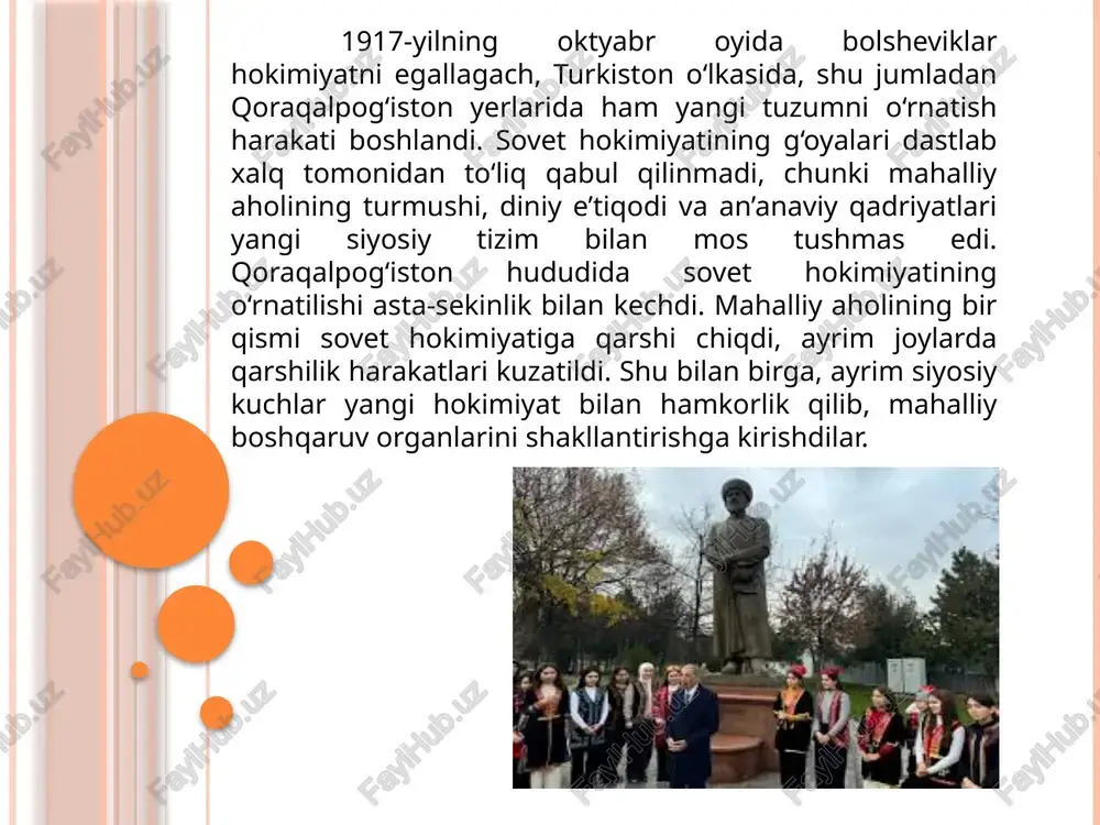 oirasida hududda davlat boshqaruvi, xalq maorifi va ishlab chiqarish sohalarida o‘zgarishlar amalga oshirildi. 1921–1924-yillar davomida boshlangan bu jarayonlar keyinchalik qoraqalpog‘iston respublikasining tashkil topishiga poydevor yaratdi va uning siyosiy hayotida yangi davrni boshlab berdi. xulosa: 1917–1924-yillar qoraqalpog‘iston tarixida murakkab siyosiy o‘zgarishlar davri bo‘ldi. bu yillarda eski tuzumdan yangi sovet boshqaruv tizimiga o‘tish jarayoni qiyin kechdi. fuqarolar urushi, iqtisodiy inqiroz va siyosiy beqarorlik xalqning hayotini og‘irlashtirdi. shu bilan birga, milliy-hududiy chegaralanish natijasida qoraqalpog‘iston o‘zining avtonom tuzilmasiga ega bo‘lib, siyosiy jihatdan shakllanish yo‘lini boshlab berdi. bu davr keyingi yillarda qoraqalpog‘iston respublikasining tashkil topishi uchun muhim tarixiy poydevor vazifasini bajardi. foydalanilgan adabiyotlar: 1.karimov i.a. o‘zbekiston mustaqillikka erishish arafasida. – toshkent: o‘zbekiston, 1996. 2.g‘afforov a. qoraqalpog‘iston tarixi. – nukus: qoraqalpoq, 2002. 3.rajabov t. xx asr boshlarida turkiston siyosiy hayoti. – toshkent: fan, 1998. 4.o‘zbekiston tarixi (1917–1991-yillar). – toshkent: universitet, 2010. 5.mambetov j. qoraqalpog‘istonning siyosiy shakllanishi tarixi. – nukus: bilim, 2015. image2.jpeg image3.jpeg image4.jpeg image5.jpeg image6.jpeg …