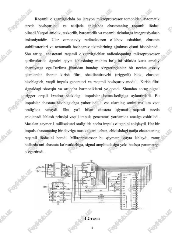 viy diapazonga keltirishdir. bunda signal avval raqamli shaklga aylantiriladi, so‘ngra matematik hisoblashlar asosida uning chastotasi o‘zgartiriladi. eng ko‘p qo‘llaniladigan algoritmlar orasida raqamli aralashtirish (mixing), tezkor furye o‘zgartirish (fft), interpolatsiya va diskret chastota modulyatsiyasi (dfm) usullari mavjud. raqamli aralashtirish usulida kiruvchi signal sinxron generator tomonidan yaratilgan raqamli sinus yoki kosinus signali bilan ko‘paytiriladi. natijada, yangi chastotali signal hosil bo‘ladi. bu usul chastotani ko‘tarish yoki tushirish, ya’ni chastotani siljitish uchun keng qo‘llaniladi. tezkor furye o‘zgartirish esa signal tarkibidagi chastotaviy komponentlarni aniqlab, ularni qayta ishlashga imkon beradi. bu algoritm tahlil, filtratsiya va modulyatsiya jarayonlarining asosiy vositasidir.amaliy qo‘llanilish nuqtayi nazaridan, raqamli chastota o‘zgartirish algoritmlari turli radioaloqa tizimlarida — mobil aloqa, sun’iy yo‘ldosh aloqa, wi-fi, radiolokatsiya, gps va raqamli uzatkichlarda keng ishlatiladi. masalan, mobil aloqa tizimlarida bu algoritmlar chastotani avtomatik sozlash, signalni barqarorlashtirish va shovqinni kamaytirish uchun qo‘llaniladi. sun’iy yo‘ldosh aloqa tizimlarida esa signallarni chastotaviy moslashtirish orqali turli diapazonlar o‘rtasida uzatish ta’minlanadi. 1.4-rasm raqamli chastota …