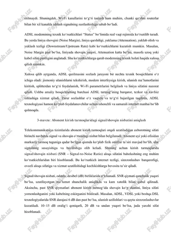 ezlikni saqlash kabi ko‘plab texnik omillarni yaxshilaydi. adsl qurilmasini sozlashga kirishdan avval uning asosiy tarkibiy qismlarini ko‘rib chiqish zarur. modemning asosiy interfeyslariga telefon kabeli uchun rj-11 porti, internet tarqatish uchun rj- 45 lan portlari, simsiz aloqa bo‘lsa wi-fi antennalari, shuningdek, elektr ta’minoti uchun adapter porti kiradi. ba’zi modemlarda usb port yoki qo‘shimcha xizmat ko‘rsatish tugmalari ham mavjud bo‘ladi. modem orqa panelidagi barcha ulanishlarning to‘g‘ri joylashtirilganligi sozlash jarayonida birinchi navbatda tekshiriladi. adsl qurilmasini sozlash jarayoni odatda modemning veb-interfeysi orqali amalga oshiriladi. modem kompyuterga ulanadi va brauzer orqali 192.168.1.1 kabi standart ip manzil kiritiladi. so‘ngra foydalanuvchi nomi va parol orqali tizimga kiriladi. ko‘pincha zavoddan biriktirilgan login “admin”, parol esa “admin” yoki “1234” bo‘ladi. kirgandan so‘ng “quick setup” yoki “wan setup” bo‘limi orqali internet ulanishi sozlanadi. adsl tizimida kundalik qo‘llaniladigan ulanish protokollari — pppoe, pppoa, bridge rejimi yoki ipoe hisoblanadi. provayder tomonidan berilgan login-parol pppoe usulida kiritiladi va modem o‘zi avtomatik ravishda internet …