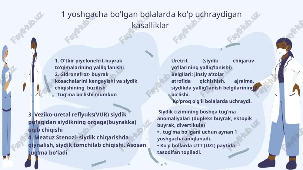 keyin (sovuq suvda cho`milish va x.k.) chekmazak ko`p rivojlanishi ma’lumdir. appenditsitda chuvalchangsimon o`simta kichik chanoqda joylashganda ham chekmazak rivojlanishi mumkin. afsuski, 90-chi yiilarga kelib katta maktab yoshidagi ukuvchilarda spesifik etiologiyali - suzak, trixomonada, xoamidiyali chekmazaklar soni ortdi. klinik manzarasi. o`tkir sistit. kasallik bolaning bezovtalanishi bilan boshlanadi. qovuq soxasida og`riqlar paydo bo`ladi, dizurik belgilar: siydik ajratishga buyrukli chakiruv paydo bo`ladi, tez-tez (pollakiuriya), o`z-o`zdan, og`riqli siyish. ba’zida siydik tuta olmaslik alomatlari paydo bo`ladi. agar bola juda kichik bo`lsa va siyishi o`g`riqliligini ayta olmasa, dizurik belgilarni tez-tez siyishiga, bezovtaligi va bolani baqirishiga ko`ra va bundan so`ng kukliklari ho`l bo`lishidan sezish mumkin. siydik xiralashgan, ba’zan kizgish tusda. o`tkir sistit kechishi turli bo`lishi mumkin – yengil darajalaridan belgilari keskin ko`rilmagan simptomlari bilan og`ir, intoksikatsiya, isitma bilan kechuvchi darajalarigacha. yaqin 3-5 kunda yaxshilanish kuzatilib, siydik normallashadi. hisoblashlaricha, 2-3 hafta mobayinida tugri davo osasida siydik normallashmasa, urologik tekshirishlar va vena ichi urografiyasini o`tkazish lozim. surunkali sistit odatda …