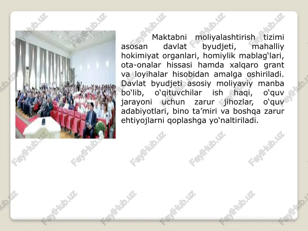 hbariyati o‘z faoliyatini keng jamoatchilikka namoyish etadi. maktablar faoliyatida axborot texnologiyalaridan foydalanish, xususan, maktabning rasmiy veb-sayti yoki ijtimoiy tarmoqlardagi sahifalarida moliyaviy hisobotlarni joylashtirish, xarajatlar tafsilotlarini e’lon qilish ham shaffoflikni yanada kuchaytiradi. shu bilan birga, mustaqil audit va moliyaviy monitoring tizimini joriy etish orqali mablag‘lardan foydalanish samaradorligini baholash mumkin. bunday tizimli nazorat nafaqat moliyaviy intizomni ta’minlaydi, balki maktab rahbariyati va jamoatchilik o‘rtasidagi o‘zaro ishonchni mustahkamlaydi. natijada, ta’lim tizimi yanada adolatli, ochiq va samarali yo‘nalishda rivojlanadi. xulosa. maktabni moliyalashtirishda jamoatchilik ishtiroki va shaffoflik tamoyillarining qo‘llanilishi ta’lim tizimining samaradorligini oshirish, moliyaviy intizomni mustahkamlash va ijtimoiy ishonchni kuchaytirishda muhim omil hisoblanadi. jamoatchilikning faol ishtiroki orqali maktablarning ehtiyojlari aniqroq belgilanadi, mablag‘lardan maqsadli foydalanish ta’minlanadi hamda qarorlar adolatli va ochiq muhokama qilinadi. shaffoflik tamoyillari esa moliyaviy faoliyatda ochiqlik, hisobdorlik va javobgarlikni ta’minlab, korrupsiyaviy holatlarning oldini oladi. maktablar faoliyatida ochiq byudjet tizimini yo‘lga qo‘yish, elektron axborot platformalaridan foydalanish, ota-onalar va mahalla vakillarini moliyaviy jarayonlarga jalb etish orqali …