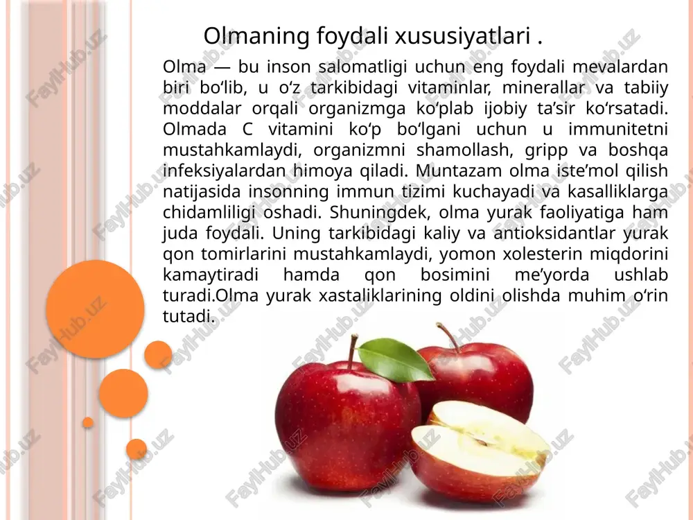 h sog‘liq uchun xavfli — u oshqozon buzilishi, ich ketishi yoki ovqatdan zaharlanishni keltirib chiqarishi mumkin.olma tanlashda uning rangi tiniq, po‘stlog‘i silliq va dog‘siz bo‘lishiga e’tibor berish kerak. agar olma ustida qoraygan, chirigan yoki mog‘orlangan joylar bo‘lsa, bunday meva kasallangan hisoblanadi va uni iste’mol qilish yoki boshqa sog‘lom mevalar bilan bir joyda saqlash tavsiya etilmaydi. . olma sanoatida tashvish. o‘zbekistonda 2022-yilda barcha xo‘jaliklarda olma yetishtirish hajmi 1 million 313 ming tonnadan oshgan bo‘lsa-da, iqlim o‘zgarishlari, kasalliklar va zararkunandalar tufayli hosilning bir qismi yo‘qotilgan. 2023-yilda olma-sharbat ishlab chiqarish hajmi 31 ming tonnadan ortiqni tashkil etib, bu o‘tgan yilga nisbatan 57 foizdan ko‘proq o‘sishni ko‘rsatgan. shunga qaramay, soha vakillari ta’kidlaganidek, hosilni saqlash va eksport qilishdagi texnik imkoniyatlarning cheklanganligi katta iqtisodiy yo‘qotishlarga sabab bo‘lmoqda. 2025-yilning birinchi choragida o‘zbekiston olma eksportini 2848 tonnaga yetkazdi, bu esa 2024-yil boshiga nisbatan 2,7 baravar ko‘p. eksportning asosiy yo‘nalishlari rossiya, qozog‘iston, turkmaniston va qirg‘iziston bo‘lib, ushbu eksportdan tushgan …