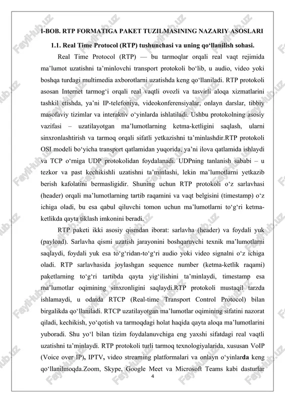 p paketining muhim tarkibiy qismlaridan biri bu sequence number (sn) — ya’ni ketma-ketlik raqamidir. har bir yangi rtp paketi uzatilganda, bu raqam bir birlikka oshiriladi. shu orqali qabul qiluvchi tomon tarmoqda yo‘qotilgan yoki tartibi buzilgan paketlarni aniqlay oladi. timestamp esa paket tarkibidagi ma’lumotning vaqt belgisi bo‘lib, u audio yoki video oqimini sinxronlashtirishga xizmat qiladi, video tasvir va unga mos ovoz signali aynan bir vaqtda ijro etilishi uchun timestamp maydonidan foydalaniladi. ssrc (synchronization source identifier) maydoni har bir ma’lumot manbasiga noyob identifikator beradi. bu bir nechta foydalanuvchi yoki qurilmalar ishtirokidagi tarmoqlarda ma’lumotlarni ajratib olish imkonini yaratadi. agar bir nechta oqimlar bir vaqtning o‘zida uzatilayotgan bo‘lsa, har biri o‘zining ssrc qiymatiga ega bo‘ladi.csrc (contributing source identifier) maydoni ham mavjud bo‘lib, u bitta rtp oqimiga hissa qo‘shayotgan boshqa manbalarni ko‘rsatadi. 2-rasm. rtp paketining ikkinchi qismi — foydali yuk (payload) — bu real ma’lumotni o‘z ichiga olgan qismdir. unda audio, video yoki boshqa turdagi …