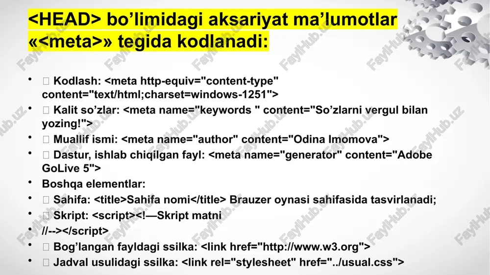 frontendda html teglari bilan ishlash, head bo’limi tahlili, html tilida formalar va mashqlar. - Page 4