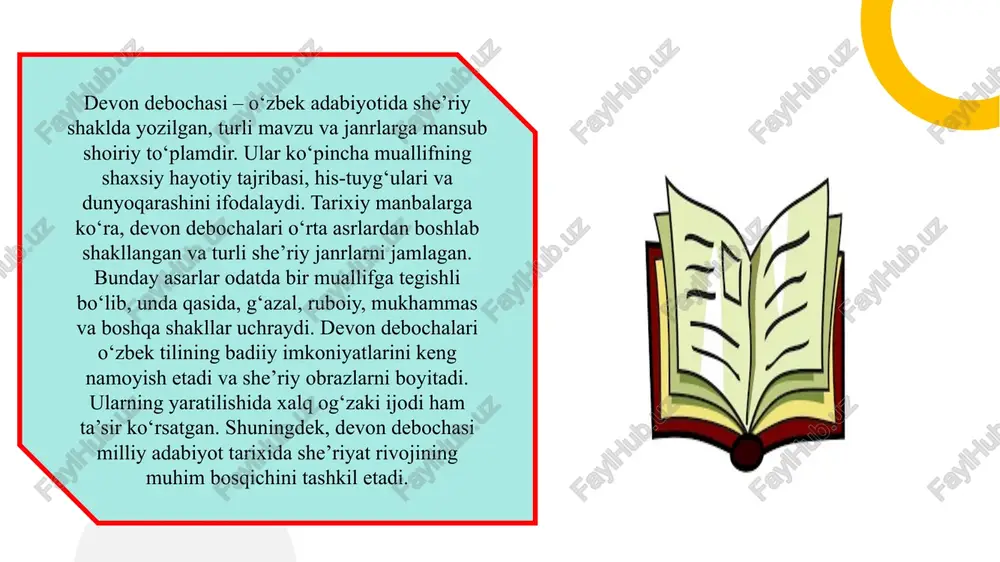 ari hozirgi o‘quvchi uchun ham dolzarbdir. ularning she’riy obrazlari va badiiy vositalari zamonaviy estetik did bilan tahlil qilinadi. devon debochalari orqali muallifning falsafiy qarashlari, axloqiy va ma’naviy g‘oyalari yangicha ko‘rinishda ochib beriladi. zamonaviy talqinlar shoirning ijodiy merosini o‘rganish, milliy adabiyot tarixida o‘rni va badiiy qiymatini aniqlashga xizmat qiladi. shu tariqa, devon debochalari nafaqat tarixiy, balki zamonaviy madaniy jarayonlarda ham o‘rganish obyekti hisoblanadi. devon debochalari poetik jihatdan boy, mazmun va uslub jihatidan rang-barangdir. ular o‘quvchilarga she’riyatning badiiy xususiyatlarini tushunishga, til va obrazlar orqali fikr ifodalashga yordam beradi. shuningdek, devon debochalari milliy madaniyat va tarixiy qadriyatlarni o‘rganishda muhim vosita hisoblanadi. ularning poetikasi o‘quvchida estetik hissiyot uyg‘otadi va ma’naviy tarbiya beradi. xulosa qilib aytganda, devon debochalari nafaqat adabiy, balki ma’naviy meros sifatida ham ahamiyatga ega bo‘lib, milliy she’riyatning boyligini aks ettiradi. ushbu asarlarning tahlili va o‘rganilishi kelajak avlod uchun muhim pedagogik va ilmiy manba bo‘lib xizmat qiladi. e’tiboringiz uchun rahmat image1.png image2.png image3.png …