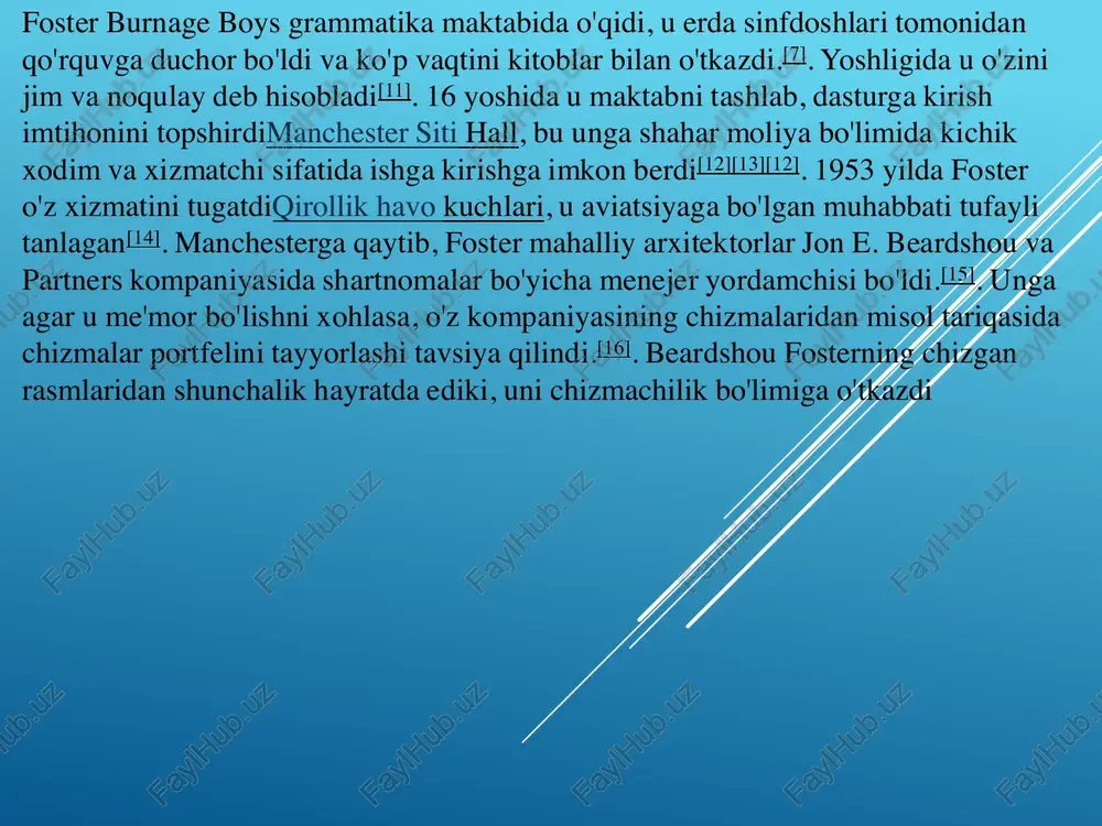 y professor vinsent skallining taklifi bilan ular bir yil davomida amerika bo‘ylab sayohat qilishdi https://ru.wikipedia.org/wiki/%d0%9c%d0%b0%d0%bd%d1%87%d0%b5%d1%81%d1%82%d0%b5%d1%80%d1%81%d0%ba%d0%b8%d0%b9_%d1%83%d0%bd%d0%b8%d0%b2%d0%b5%d1%80%d1%81%d0%b8%d1%82%d0%b5%d1%82 https://ru.wikipedia.org/wiki/%d0%99%d0%b5%d0%bb%d1%8c%d1%81%d0%ba%d0%b8%d0%b9_%d1%83%d0%bd%d0%b8%d0%b2%d0%b5%d1%80%d1%81%d0%b8%d1%82%d0%b5%d1%82 https://ru.wikipedia.org/wiki/%d0%a0%d0%be%d0%b4%d0%b6%d0%b5%d1%80%d1%81,_%d0%a0%d0%b8%d1%87%d0%b0%d1%80%d0%b4_%d0%94%d0%b6%d0%be%d1%80%d0%b4%d0%b6 slayd 1, norman robert foster slayd 2, norman robert foster, temza bankining baroni foster,(ingliznorman robert foster, temza bankining baroni foster, 1-iyun1935 yil,manchester) - britaniyaarxitektorva dizayner, laureatimperatorvapritsker mukofoti. slayd 3, foster, rivojlanish bilan chambarchas bog'liqyuqori texnologiyali uslubdagi arxitekturava energiya tejamkor qurilish texnologiyalarini erta joriy etish britaniya zamonaviy arxitekturasining asosiy figurasi sifatida tan olingan. uning arxitektura slayd 4 slayd 5 slayd 6