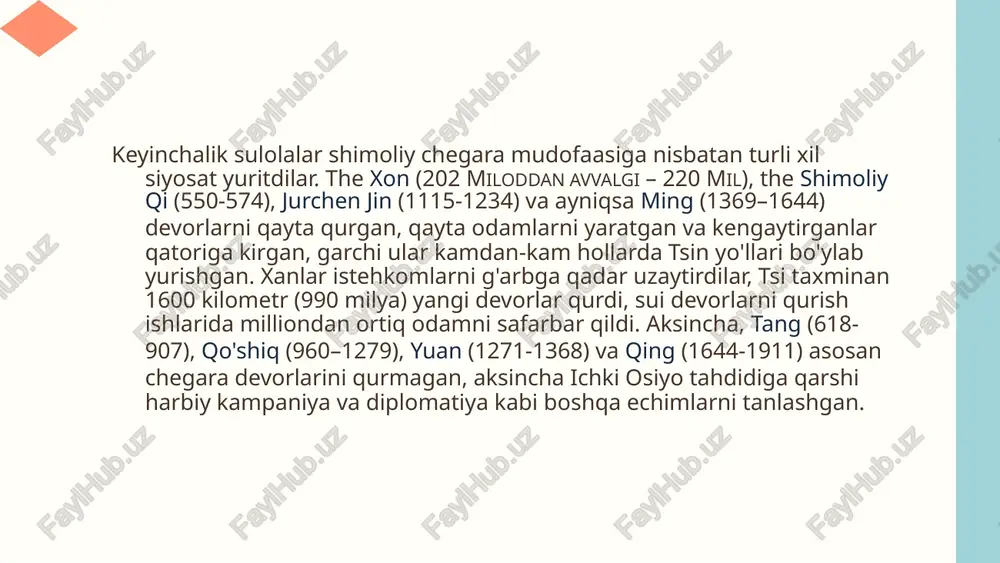etadi, asosiy shimoliy va janubiy yaylovlarni bo'linib, chorvador ko'chmanchilarni dasht chekkasiga surib qo'ydi. janubiy tomonda (ichki mo'g'uliston ), bu bosim ko'chmanchilarni xitoy bilan aloqa qilishiga olib keldi. ko'pincha, vaqti-vaqti bilan o'tib ketadigan dovonlar va vodiylarni taqiqlash (eng asosiysi - bu yo'lak zhangjiakou va juyong dovoni ), the shimoliy xitoy tekisligi tomonidan mo'g'ul dashtidan himoyalangan bo'lib qoldi yin tog'lari. ammo, agar bu mudofaa buzilgan bo'lsa, xitoyning tekis erlari tekislikdagi shaharlarni, shu jumladan imperatorlik poytaxtlarini himoya qilmadi. pekin, kaifeng va luoyang.[ yin tog'lari bo'ylab g'arbiy tomonga siljish, sariq daryo shimol tomon yuqoriga qarab aylanadigan joyda tugaydi. ordos loop - texnik jihatdan dashtning bir qismi, ammo sug'oriladigan dehqonchilikka qodir. sariq daryo shimol bilan nazariy tabiiy chegara hosil qilgan bo'lsa-da, dashtgacha shu qadar chegarani saqlab qolish qiyin edi. sariq daryoning janubidagi erlar - the xetao, ordos cho‘li, va loess platosi - ga yondashishda tabiiy to'siqlar yo'q edi vey daryosi vodiy, qadimiy poytaxt bo'lgan xitoy …