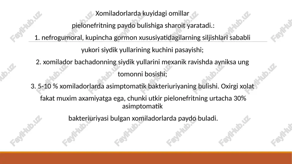 r siydigida uncha yuqori bo'lmagan proteinuriya, ayrim hollarda esa gematuriya aniqlanishi mumkin. shu o'rinda siydikni doimiy ishqoriy reaksiyaga ega bo'lishiga ham e'tibor berish lozim. shuningdek tashhisni tasdiqlashda va etiologik omilni aniqlashda bakteriuriya 1( ml siydikdagi bakteriyalar soni) va siydikni ekish (yo'naltirilgan antibiotiklar buyurish maqsadida) muhim ahamiyatga ega. umumiy qon tahlilida leykotsitoz, echt oshishi, biokimyoviy tahlilda esa s-reaktiv oqsilni paydo bo'lishi, ut buyrak naychalarining kengayishi va jomchalar deformatsiyasi, keyinroq buyrak parenximasi qalinligining kamavishi kuzatiladi. ekskretor urografiyada ham yugoridagi o'zgarishlar va musbat xodson sindromi aniqlanadi. davolash surunkali piyelonefritni qo'zish davrida bemorlarni davolashda antibiotiklar yetakchi o'rin egallaydi va yengil kechishida boshlang'ich muolajalar ambulatoriya, o'rtacha og 'irlikdagi va og'ir kechishlarida shifoxona sharoitida o'tkaziladi. birinchi kunlari yotog tartibi, ko'p miqdorida suyuqlik ichish (bemorda shishlar ko'zatilmasa) va yuqori kaloriyali ovatlar buyuriladi.