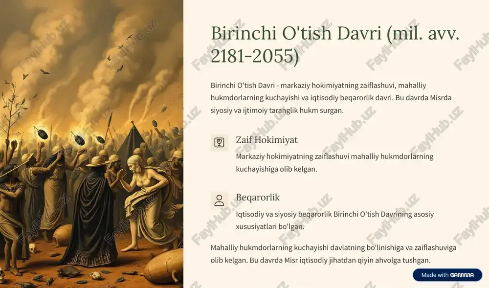 ngi uslubning paydo bo'lishiga olib kelgan. bu davrda aton xudosiga sig'inish asosiy din bo'lgan. https://gamma.app/?utm_source=made-with-gamma xulosa qadimgi misr taraqqiyoti ko'plab bosqichlardan iborat bo'lgan. har bir davr o'ziga xos xususiyatlarga ega bo'lib, san'at va madaniyatga o'z ta'sirini ko'rsatgan. misr merosi jahon sivilizatsiyasiga katta ta'sir ko'rsatgan va bugungi kunda ham o'z ahamiyatini yo'qotmagan. 3000 yil misr sivilizatsiyasi 3000 yildan ortiq davom etgan. 31 sulola misrda 31 ta sulola hukmronlik qilgan. san'at va madaniyatning misr tarixidagi o'rni beqiyosdir. misr san'ati va madaniyati jahon sivilizatsiyasiga katta hissa qo'shgan va bugungi kunda ham o'rganilmoqda. https://gamma.app/?utm_source=made-with-gamma