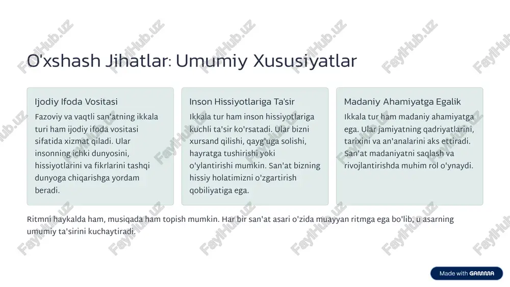 bilan bog'liqligi uning ta'sirini kuchaytiradi. fazoviy va vaqtli san'atning o'ziga xos xususiyatlarini tushunish, bizga san'at asarlarini chuqurroq anglashga va ularning madaniy ahamiyatini to'liq his qilishga yordam beradi. san'at bizni o'zimizdan tashqariga chiqishga va dunyoni yangi ko'zlar bilan ko'rishga undaydi. https://gamma.app/?utm_source=made-with-gamma