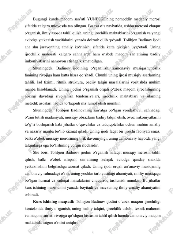 a hisoblanadi. uning ijodini o‘rganish orqali o‘zbek maqom ijrochiligining hozirgi davrdagi rivojlanish tendensiyalari, ijrochilik maktablari va ularning metodik asoslari haqida to‘laqonli ma’lumot olish mumkin. shuningdek, tolibjon badinovning san’atga bo‘lgan yondashuvi, sahnadagi o‘zini tutish madaniyati, musiqiy obrazlarni badiiy talqin etish, ovoz imkoniyatlarini to‘g‘ri boshqarish kabi jihatlar o‘quvchilar va tadqiqotchilar uchun muhim amaliy va nazariy manba bo‘lib xizmat qiladi. uning ijodi faqat bir ijrochi faoliyati emas, balki o‘zbek musiqiy merosining tirik davomiyligi, uning zamonaviy hayotda yangi talqinlarga ega bo‘lishining yorqin ifodasidir. shu bois, tolibjon badinov ijodini o‘rganish nafaqat musiqiy merosni tahlil qilish, balki o‘zbek maqom san’atining kelajak avlodga qanday shaklda yetkazilishini belgilashga xizmat qiladi. uning ijodi orqali an’anaviy musiqaning zamonaviy sahnadagi o‘rni, uning yoshlar tarbiyasidagi ahamiyati, milliy musiqaga bo‘lgan hurmat va sadoqat masalalarini chuqurroq tushunish mumkin. bu jihatlar kurs ishining mazmunini yanada boyitadi va mavzuning ilmiy-amaliy ahamiyatini oshiradi. kurs ishining maqsadi: tolibjon badinov ijodini o‘zbek maqom ijrochiligi kontekstida ilmiy o‘rganish, uning badiiy …