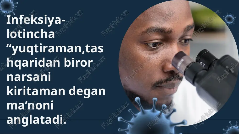 rgik toshmalar. yuqumli kasalliklarda laborator tekshirish usullari 05 yuqumli kasalliklarni tekshirish usullari quyidagilardan iborat 1.bakteriologik 2. bakterioskopik 3. serologik 4. virusologik 5. allergologik 6. bioximik 7. yordamchi laboratoriya usullari: ekg, utt (uzd), rentgen, kt, mrt yuqumli kasalliklar tashxisining asosiy usullari yuqumli kasalliklarga qarshi kurashishning asosiy tamoyillaridan biri – kasallikni erta aniqlash va tarqalib ketishiga yo’l qo’ymaslik. bemorning shikoyatlari anamnez yig’ish epidemiologik anamnez bemorni ob’ektiv tekshirish laborator tekshiruvlar qiyosiy taqqoslash yakuniy tashxis qo’yish davolash profilaktik chora-tadbirlar e’tiboringgiz uchun rahmat!!! image1.png image2.jpg image3.jpg