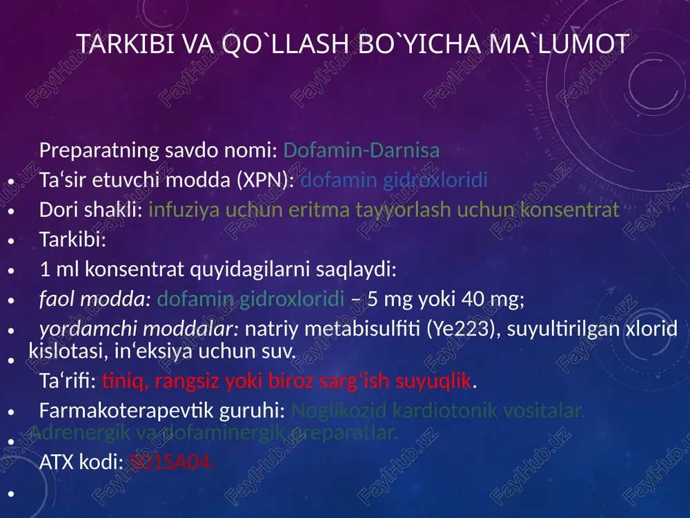 va qonning o‘rnini bosuvchi boshqa suyuqliklarni yuborish bilan to‘g‘rilanishi kerak. infuziya kardiomonitor nazorati ostida o‘tkazilishi kerak. gipotenziyasiz diurezni kamayishi, diastolik arterial bosimni haddan tashqari oshishi yoki aritmiyalarni paydo bo‘lishi, dozani kamaytirish yoki infuziyani to‘xtatish kerakligini ko‘rsatadi. chiqarilish shakli 5 ml dan ampulada; 10 ampuladan qutida; 5 ampuladan kontur uyali o‘ramda; 2 kontur uyali o‘ramdan qutida. saqlash sharoiti original o‘ramida, 25os dan yuqori bo‘lmagan haroratda saqlansin. muzlatilmasin. yaroqlilik muddati 4 yil. dorixonalardan berish tartibi retsept bo‘yicha. image2.png image3.png image4.gif image5.gif image6.gif image7.gif image8.jpg image9.gif image10.png /docprops/thumbnail.jpeg