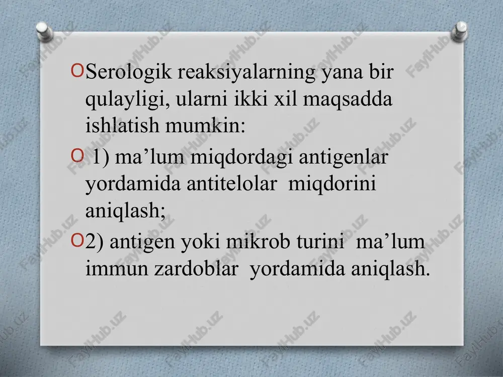 iffuziya. bu usul agarli gelda gomologik at va ag ning o’zaro ta'sirlashib, pretsipitatsiya chiziqlari yoki halqasining paydo bo’lishiga asoslangan. immunodiffuziyada bo’g’ma qo’g’atuvchisining toksigenligi, zardobdagi immunoglobulinlar miqdori aniqlanadi. immunoelektroforez. bu usul gelda ag ni elektroforetik tarqatib, so’ngra uning immun zardobdagi at bilan pretsipitatsiyasiga asoslangan. immunoelektroforez reaktsiyasi ko’p komponentli tizimlardagi agni chuqurlashtirilgan tahlili va identifikatsiyasini o’tkazish imkonini beradi. shishali plastinkada agarla qatlam hosil qilinadi. dastlab elektr maydonida ag tarqatiladi. so’ngra unga immun zardob ta'sir ettiriladi. diffuziya yuz berib ag va at uchrashgan joyda pretsipitatsiya yoylari paydo bo’ladi. bu usul yordamida qon zardobi, orqa miya suyuqligi, siydik oqsillari tarkibi tahlil qilinadi. immunobloting reaktsiyasi. immunoblot reaktsiyasi antitelo va antigenlarni aniqlashda ishlatiladigan pretsipitatsiya reaktsiyalaridan biri. sellyuloza membranasida mikroorganizm antigenlari elektroforez yordamida bo’lingani uchun momekulyar og’irligi bo’yicha ketma- ket joylashadi. bemor zardobi bilan gomologik antigen birlashganidan so'ng pretsipitatsiya chiziqlari hosil bo’ladi, ular ma'lum bo’yoqlar bilan bo’yaladi. reaktsiya natijalariga ko’ra bemor organizmida kanday antigenlarga qarshi antitelolar borligi …
