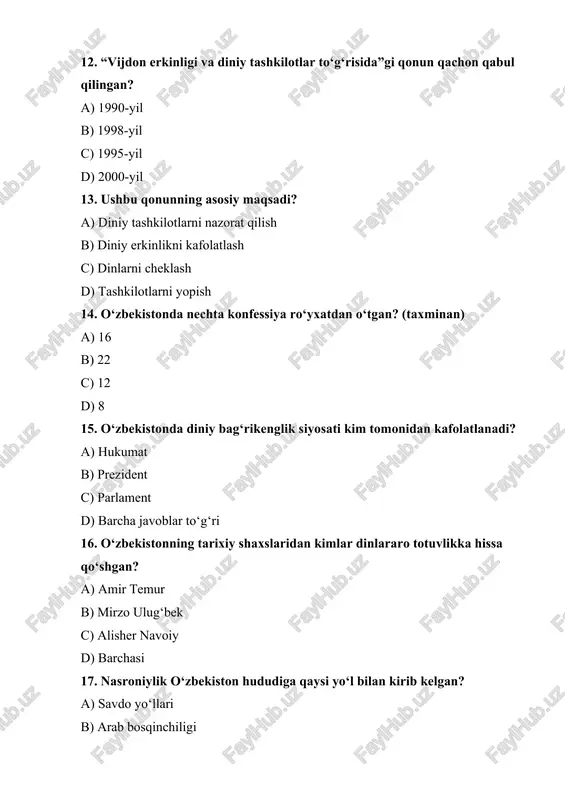 istonning konstitutsiyasi nechanchi yilda qabul qilingan? a) 1991 b) 1992 c) 1995 d) 1998 43. diniy qadriyatlarni asrash qaysi sohaning vazifasi? a) madaniyat b) xavfsizlik c) xususiy sektor d) bank tizimi 44. o‘zbekiston bag‘rikenglik siyosatining asosiy natijasi? a) dinlararo totuvlik b) zo‘ravonlik c) radikalizm d) ixtiloflar 45. yoshlar orasida diniy bag‘rikenglikni oshirishning asosiy vositasi: a) ma’rifiy ishlar b) majburlash c) cheklash d) ta’qib 46. o‘zbekistonning islom merosini o‘rganuvchi xalqaro markaz qayerda joylashgan? a) buxoro b) toshkent c) samarqand – imom buxoriy xalqaro markazi d) andijon 47. ziyorat turizmi qaysi jarayonni kuchaytiradi? a) dinlararo kelishmovchilik b) bag‘rikenglik va madaniy almashinuv c) nizolar d) ixtiloflar 48. musulmonlar va nasroniylar o‘rtasida do‘stona munosabatlar tarixda qachondan mavjud? a) temuriylar davridan b) arab xalifaligi davridan c) rossiya imperiyasi davridan d) mustaqillikdan 49. diniy bag‘rikenglikni buzuvchi asosiy omillar: a) fanatizm, ekstremizm b) hurmat c) totuvlik d) hamkorlik 50. o‘zbekistonning davlat ramzlari qaysi tamoyilga asoslanadi? a) milliy …