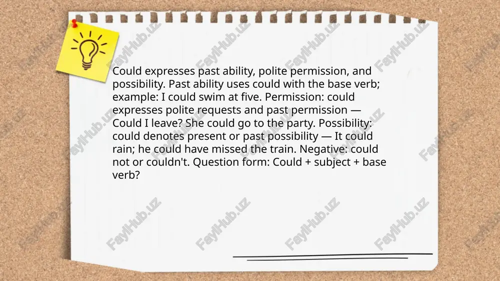 t have missed, can't have seen. question forms and negatives: might not suggests weaker probability; must not usually expresses prohibition, not deduction. tone and context affect strength; supporting evidence increases certainty. ... t.me/slaydai_bot 13. modal perfects (modal + have + past participle) for past inference modal perfects (modal + have + past participle) express inference about past events. form: modal + have + past participle. must have = strong logical certainty (she must have left). can't/couldn't have = certainty of impossibility (he can't have known). may/might/could have = possible or uncertain past (they might have missed the train). should have = expected or likely past action, often critical (you should have called). would have = inferred conditional or habitual past outcome. ... t.me/slaydai_bot 1. formation: add not after modal (will not, should not, cannot); common contractions: can't (cannot), won't (will not), shouldn't (should not). 2. meanings: can't expresses inability or …