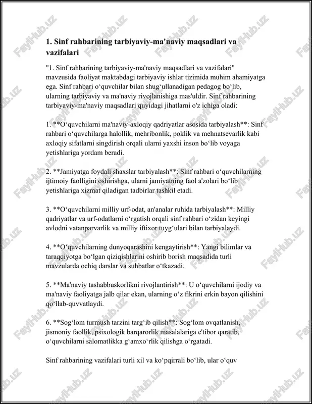 ar orqali natijalarni aniqlash mumkin. 7. **moslashuv**: baholash natijalariga ko‘ra reja va kun tartibiga o‘zgartirishlar kiritiladi. bu jarayon doimiy ravishda amalga oshirilib, har bir o‘quvchining individual rivojlanishiga mos keladigan tarbiyaviy yondashuvlar tempda yangilanib boriladi. ta’lim beruvchilar tarbiyaviy ishlarni rejalashtirishda holislik, individual yondashuv, o‘quvchilarni o‘y-fikrlari va qiziqishlarini inobatga olish hamda ulardan foydali natijalarni olishga qaratilish nuqtai nazaridan ishlaydilar. shu bilan birga, tarbiyaviy ishlarni rejalashtirishda oila, jamiyat va maktabning hamkorlikdagi faoliyati asosiy rol o‘ynashi kerak. bu esa, o‘z navbatida, o‘quvchilar diqqatini tahsilga va shaxsiy rivojlanishga yo‘naltiradi. tarbiyaviy ishlarni muvaffaqiyatli tashkil etgan holda, sinf rahbari nafaqat o‘quvchilarni bilimli va tirishqoq qilishga, balki ularni yaxshi insonlar qilib o‘stirishda muhim hissa qo‘shadi. 3. individual pedagogik ish: o'quvchilar bilan individual ish olib borish usullari "3. individual pedagogik ish: o'quvchilar bilan individual ish olib borish usullari" maktabdagi tarbiyaviy ishlarda sinf rahbarlarining faoliyatini tashkil etish metodikasi ta'limning muhim jihatlari orasida alohida o'rin tutadi. ushbu jarayonda sinf rahbarlari tomonidan …