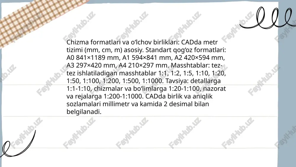 va cheklovlar asosida bog'langan model yaratib, variantlarni joriy etishni osonlashtiradi. parametrlar jadvali, bog'lanishlar, konstraintlar, versiyalash va hujjatlashtirish samaradorlik va moslashuvchanlikni oshiradi hamda bom va eksport formatlari bilan integratsiyani qo'llab-quvvatlaydi. ... t.me/slaydai_bot parametrik chizma uslublari chizmada o'zgaruvchan parametrlar va cheklovlarga asoslangan. parametrlar 3 asosiy turga bo'linadi: geometrik (nuqta, chiziq), o'lchovli (masofa, burchak) va matematik formulalar. cheklovlar: moslama (coincident), parallel, perpendikulyar, teng; drayver va boshqariluvchi o'lchovlar mavjud. afzalliklari: dizayn niyati saqlanishi, tez o'zgartirish, variantlar yaratish, hisoblash va avtomatlashtirish. cadda parametrik kutubxonalar, jadval bog'lanishlari va optimizatsiya protseduralari qo'llanadi. ... t.me/slaydai_bot 2d va 3d chizmalar integratsiyasi cad jarayonida projeksiyalar, bo‘linmalar, ekstrudatsiya va bo‘shliqga aylantirish orqali amalga oshiriladi. konvertatsiyada dwg, dxf, step, iges va stl kabi formatlar qo‘llanadi. parametrik bog‘lamlar, qatlam (layer) xaritalash, o‘lchov birliklari va toleranslarni saqlash muhim. meshdan solidga konversiya, skanerlash va reverse engineering yordamida modellash mumkin. avtomatlashtirish uchun api va skriptlardan foydalanish, geometriya tekshiruvi va anotatsiya hamda bom uzatishni tasdiqlash zarur. ma’lumot …
