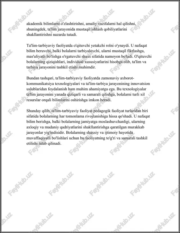 ligi, izchilligi va sifati ma'lum darajada ta'minlanadi. ta'lim sifatini oshirishda, o‘qituvchilarning kasbiy tayyorgarligini muntazam ravishda yangilab borish va malaka oshirish tizimlarini rivojlantirish masalalari muhim ahamiyat kasb etadi. o‘quv-uslubiy faoliyat vaqtida o‘qituvchilar o‘qitish usullari va yondashuvlarini yaratish, takomillashtirish va turli yoshdagi talaba va o‘quvchilarga tatbiq etish uchun mustahkam bilim va ko‘nikmalarga ega bo'lishlari lozim. bu esa o‘z navbatida o‘quvchilarning ma'naviy va intellektual rivojlanishini qo‘llab-quvvatlaydi. o‘quv-uslubiy faoliyat doirasida o‘quvchilarning qobiliyatlari va qiziqishlarini aniqlash va rivojlantirish ham ustuvor yo‘nalishlardan biridir. o‘quv-uslubiy faoliyatning barcha jarayonlari o‘qituvchi va pedagoglar tomonidan aniq rejalashtirilgan va bevosita amalga oshiriladigan faoliyatlar asosida olib boriladi, bu esa ularni yuqori natijalarga erishishga motivatsiya qiladi. shu bilan birga, metodik izlanishlar olib borish, uning natijalarini amaliyotga tatbiq qilish ta'lim sifatini oshirishga katta hissa qo‘shadi. o‘quv-uslubiy faoliyat jarayonida o‘qituvchilar fan yo‘nalishlariga ko‘ra ixtisoslik fanni yanada chuqur o‘rganish, ilmiy, texnik, texnologik yangiliklarni hamda dasturlarni kuzatib borishlari zarur. natijada, o‘quv-uslubiy faoliyat to‘liq amalga oshirilganda, ta'lim jarayoni …