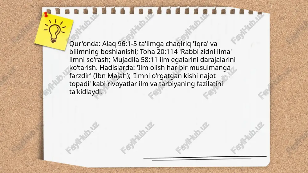 i suv, bog‘lar va ko‘chalarning ijtimoiy adolat hamda tabiiy muvozanatni ta’minlashiga qaratilgan. me’moriy meros madaniyatni avloddan-avlodga uzatish, ruhiy tarbiya va jamoaviy identifikatsiyani mustahkamlaydi. ... t.me/slaydai_bot musiqa va sahna san'ati masalasi islom olimlari orasida turlicha qarashlarga ega: ayrim klassik ulamolar musiqani harom deb bilgan, hadis va qonuniy dalillarga tayanib; boshqalari esa maqsad, matn va axloqqa qarab ruxsat berilganini ta'kidlagan. sufi an'analari sama orqali ruhiy tajriba, usmonli va fors saroylarida musiqa rivojlandi. xx asrda islohotchilar qarashlarni qayta ko'rib chiqdi, zamonaviy olimlar kontekst, niyat va madaniy ahamiyatni hisobga olib bahs yuritadilar. teatr va musiqa milliy madaniyat va ta'lim tizimida muhim rol o'ynaydi. ... t.me/slaydai_bot islomda til va adabiyot markaziy o'rin tutadi. qurʼon tilni ilohiy vahiy vositasi sifatida qadrlaydi, arab tili va imlo yetukligini talab qiladi. diniy matnlar qurʼon hadis tafsir va fiqh asarlari madaniy merosni saqlaydi axloqiy taʼlim beradi. badiiy ijod sheʼriyat nasr nasihat diniy mavzularni kengaytirib ruhiy tarbiya estetik did va milliy …