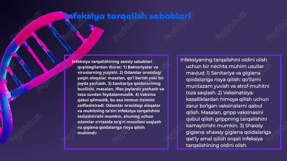 o'ynaydi va immunitetni kuchaytiradi. jamoatchilik salomatligini saqlash jamoatchilik salomatligini saqlash uchun sog'liqni saqlash tadbirlarini o'tkazish zarur. davolash usullari dori-darmonlar infeksiyalarni davolashda dori-darmonlar asosiy rol o'ynaydi. antibakterial, antivirus va antifungal dori vositalari infeksiyaning turiga qarab tanlanadi. ular infeksiyani yo'qotishga yordam beradi va bemorning holatini yaxshilaydi. dori-darmonlar shifokor tavsiyasiga binoan qo'llanilishi zarur. jarrohlik usullari agar infeksiya og'ir holatlarda yoki dori-darmonlarga javob bermasa, jarrohlik usullari qo'llanilishi mumkin. jarrohlik amaliyoti infeksiyalangan to'qimalarni olib tashlash yoki absesslarni ochish uchun amalga oshiriladi. bu usul tezkor yordam ko'rsatish va bemor holatini tezda yaxshilash uchun zarur bo'lishi mumkin. infeksiyalarga qarshi kurashda innovatsiyalar yangi dori-darmonlar va vaksinalar infeksiyalarga qarshi kurashda muhim ahamiyatga ega. o'zbekiston ilmiy markazlarida innovatsion dori vositalari ishlab chiqilmoqda, bu kasalliklarning oldini olish va davolash jarayonlarida samaradorlikni oshiradi. texnologik yutuqlar, masalan, sun'iy intellekt va genetik muhandislik, infeksiyalarga qarshi yangicha yondashuvlarni yaratishda foydalanilmoqda. bu texnologiyalar orqali infeksiyalarning tarqalishi tezkor aniqlanadi va davolash jarayonlari samarali amalga oshiriladi. ommaviy axborot …