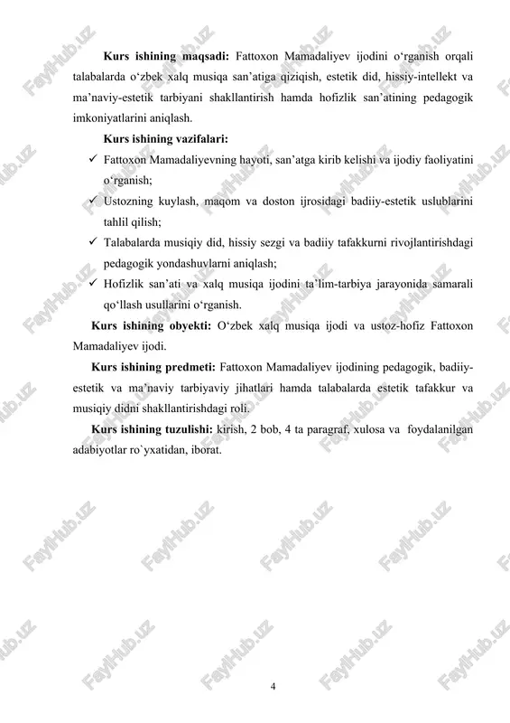 va musiqiy didni shakllantirishdagi roli. kurs ishining tuzulishi: kirish, 2 bob, 4 ta paragraf, xulosa va foydalanilgan adabiyotlar ro`yxatidan, iborat. i bob. ustoz - hofiz fattoxon mamadaliyev hayoti va ijodi 1.1. fattoxon mamadaliyevning hayoti va san’atga kirib kelishi. fattoxon mamadaliyev o‘zbek hofizlik san’atining yirik vakillaridan biri bo‘lib, u o‘zining betakror ovozi, badiiy ifodasi va chuqur ma’naviy mazmunga ega ijrosi bilan milliy musiqa madaniyatining eng yuksak cho‘qqilaridan biriga ko‘tarilgan. uning hayoti va ijodiy shakllanishida oilaviy muhit, atrofdagi madaniy an’analar va ustozlar maktabining roli beqiyosdir. fattoxon mamadaliyev tug‘ilib o‘sgan muhit o‘zbek xalqining boy madaniy qadriyatlari, an’anaviy musiqa turlari va ma’naviy-ma’rifiy hayot bilan chambarchas bog‘liq bo‘lgan. u ulg‘aygan davrda xalq orasida hofizlik san’ati, ayniqsa maqomchilik an’analari keng rivojlangan bo‘lib, bu yosh iste’dod egasining san’atga bo‘lgan qiziqishini yanada kuchaytirgan.[footnoteref:2] [2: mamadaliyev f., hofizlik san’ati va ma’naviy meros, toshkent: sharq, 2010, 45 b.] uning oilasi ma’naviy jihatdan boy, san’atni qadrlaydigan, milliy qadriyatlarga sodiq insonlar bo‘lgan. …
