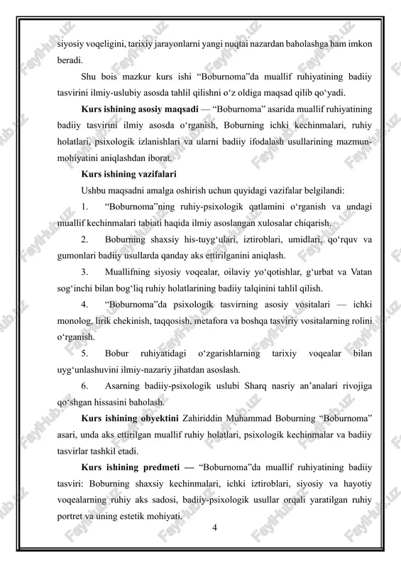 dunyosi bir butun dramatik fon ustida shakllangan. “boburnoma”da badiiy ifodalangan eng kuchli ruhiy holatlardan biri — ota va oila yo‘qotishining iztirobidir. boburning otasi umarshayx mirzoning kutilmaganda vafot etishi butun asar bo‘ylab boburning ruhini larzaga solgan alanga sifatida sezilib turadi. u otaning o‘limini nafaqat siyosiy falokat, balki shaxsiy ruhiy parchalanish momenti sifatida tasvirlaydi. boburning quyidagi iztiroblari uning ruhiy holatining qay darajada chuqur bo‘lganini ko‘rsatadi: · yosh hukmdorning hayotga birdaniga yakka o‘zi tashlanib qolishi; · yaqin kishilarning xiyonati va beqarorligi; · otalik mehridan ajralishning ruhiy bo‘shlig‘i; · davlatni saqlab qolish mas’uliyatining birdaniga zimmasiga tushishi. bu ruhiy kechinmalar badiiy tasvirlar orqali berilgani uchun ular o‘quvchida kuchli ta’sir uyg‘otadi. bobur uchun g‘urbat tushunchasi — ruhiy sinovlar markazi “boburnoma”da eng ko‘p uchraydigan ruhiy holatlardan biri — g‘urbat, ya’ni vatandan judo bo‘lish iztirobi. bobur uchun vatandan ayriliq faqat geografik masofa emas, balki ruhning chuqur bo‘shlig‘i, hayotning ma’naviy tayanchdan uzilishi demakdir. samarqanddan voz kechishga majbur bo‘lgani, andijonni …
