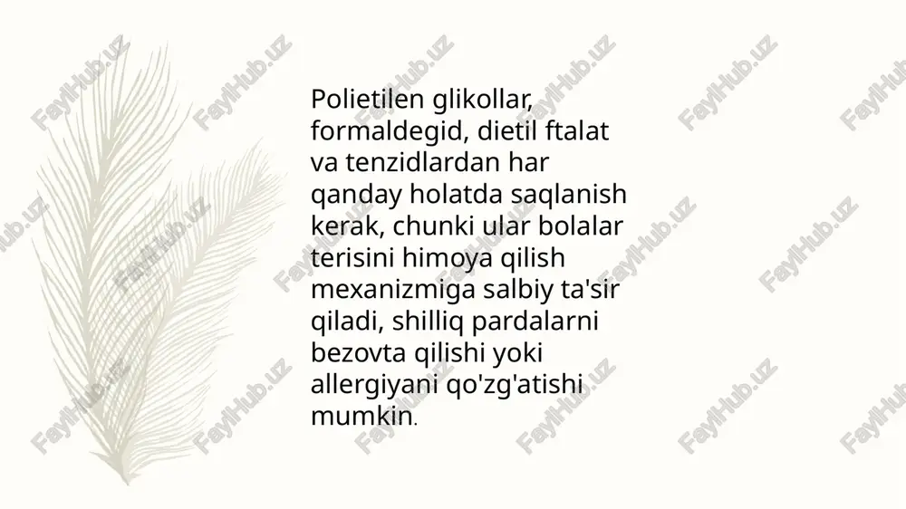 a murojaat qilishingiz kerak. shuningdek, o'tlarning shifobaxsh xususiyatlarini ko'rib chiqing. masalan, chinor mayda tirnalgan joylarni mukammal darajada davolaydi, romashka teridagi tirnash xususiyati yo'qotadi, aloe yallig'lanishga qarshi xususiyatlarga ega, lavanta chaqaloqni tinchlantirishga va tezroq uxlab qolishga yordam beradi, allergiya bo'lsa, bir qator qutqaradi. dorixonada sotib olingan tayyor o'simlik preparatlarini qo'llash yaxshiroqdir. 2 chaqaloqni cho'milishdan oldin infuzionni allergiya uchun sinab ko'ring. unga paxta novdasini namlang va bolaning terisining kichik qismini tirsagiga surting. agar kun davomida bo'lsa, unda cho'milish uchun bu bulon mos emas. 3 siz cho'milishdan kamida bir soat oldin o'tni pishirishingiz kerak. bulyonni infuz qilish kerak. o'simlik qadoqlarida tavsiya etilgan nisbatlarni toping. odatda suv infuziyalari 1:10 nisbatda tayyorlanadi. birinchi hammom uchun bitta o'tni pishirgan ma'qul, keyin bir necha kundan keyin ikkinchisini qo'shing va hokazo. lekin bir vaqtning o'zida to'rtdan ortiq o'tdan foydalanish tavsiya etilmaydi. 4 hammom paytida, suv tomchilari bolaning og'ziga tushmasligi uchun ehtiyot bo'ling. siz 35-37 daraja suv haroratida asta-sekin …