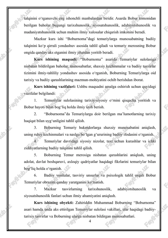 nosabati ikki qatlamda namoyon bo‘ladi: birinchisi — tarixiy haqiqat asosida berilgan siyosiy baholar, ikkinchisi — shaxsiy kechinmalar, naslga bo‘lgan sadoqat va ajdodlarga nisbatan ichki hurmat. ana shu ikki qatlamning uyg‘unlashuvi bobur badiiyatining eng muhim xususiyatlaridan biridir. temuriylik — bobur ongining asosiy identiteti bobur o‘zini eng avvalo temur avlodidan deb bilgan. bu nasliy mansublik uning ichki dunyosi, siyosiy faoliyati, ruhiy kechinmalari va tarixiy fikrlash tarzida muhim ahamiyatga ega bo‘lgan. bobur uchun temuriy bo‘lish — faqat shajaraviy mansublik emas, balki ma’naviy-ma’rifiy mas’uliyat hamdir. u amir temurni adolat, kuch, tartib, davlat boshqaruvi va siyosiy salohiyat timsoli sifatida ulug‘laydi. “boburnoma”da temurning shaxsiyati bevosita ko‘p tilga olinmasa-da, boburning temur merosiga bo‘lgan chuqur hurmati asarning har bir satrida sezilib turadi[footnoteref:2]. [2: abdug’afurov a. bobur she’riyati. bobur. devon. –t.: fan, 1994, 3-14 –betlar] bobur temuriylarga bo‘lgan munosabatini, avvalo, siyosiy-psixologik mezonlar orqali baholaydi. u temur avlodining harakatlari, siyosiy qarorlari va davlatni boshqarishdagi xatolarini yashirmaydi, aksincha ularni ochiq va …