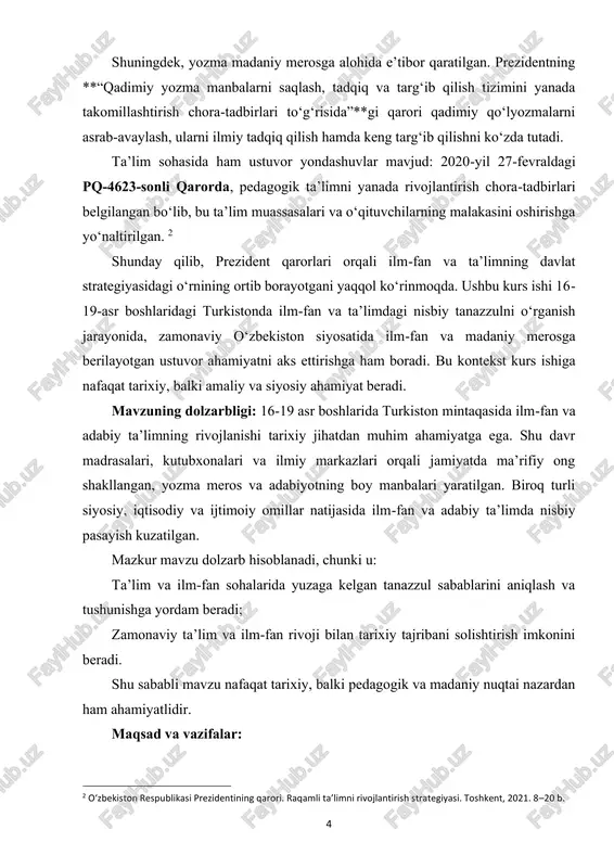 ashuv – 16-19 asr boshlaridagi turkiston ilm-fan va adabiy ta’limining rivojlanish jarayonini o‘rganish va ularni tarixiy kontekstda tahlil qilish. manba-asoslilik – ilmiy va adabiy tarixiy manbalar, arxiv hujjatlari, madrasalar va kutubxona yozuvlari, shuningdek, zamonaviy tadqiqotlar asosida ma’lumot yig‘ish va ularni solishtirish. tahliliy va taqqoslash metodlari – turli davrlar va hududlardagi ilm-fan va adabiy ta’limning holatini solishtirish, rivojlanish va tanazzul sabablarini aniqlash. sistematik yondashuv – ilmiy va adabiy merosni kompleks tarzda o‘rganish, siyosiy, ijtimoiy, iqtisodiy va madaniy omillarni birgalikda hisobga olish. tahliliy metod: tahliliy metod kurs ishida asosiy tadqiqot usuli sifatida qo‘llaniladi. ushbu metod quyidagilarni o‘z ichiga oladi: ma’lumotlarni yig‘ish va saralash – tarixiy manbalar, ilmiy adabiyotlar, madrasalar va kutubxona yozuvlaridan olingan ma’lumotlarni to‘plash va mavzuga mos holda tartibga solish. sabab-oqibat tahlili – ilm-fan va adabiy ta’limning nisbiy tanazzuliga olib kelgan siyosiy, iqtisodiy, ijtimoiy va madaniy omillarni aniqlash. 6 taqqoslash va umumlashtirish – turli davrlar va hududlar o‘rtasidagi farqlarni ko‘rsatish, ilm-fan …