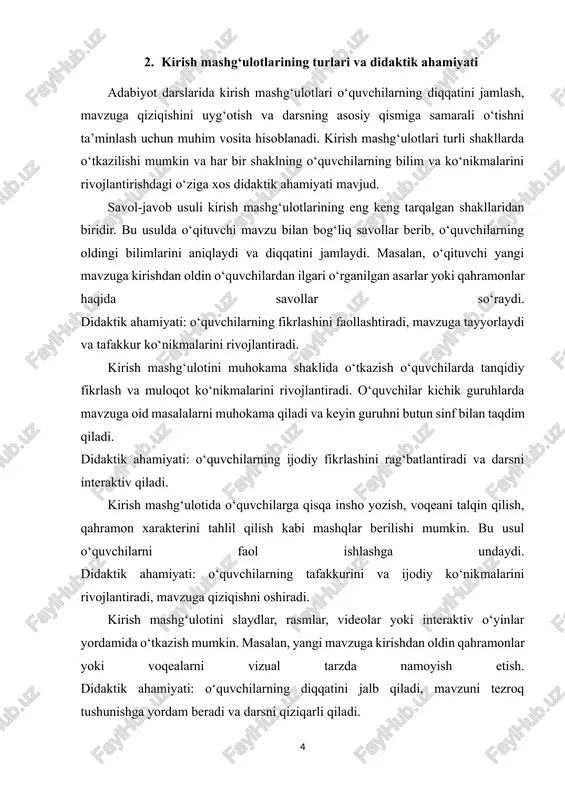 dindan aniq va tushunarli shaklda berilishi lozim. agar o‘quvchi vazifani tushunmasa, uni bajarish qiyinlashadi va baholash samarasi kamayadi. masalan, “romandagi voqeani qisqacha yozing” yoki “qahramon xarakterini tahlil qiling” kabi aniq ko‘rsatmalar o‘quvchilarga vazifani to‘liq va to‘g‘ri bajarishga yordam beradi. o‘quvchilarning darajasiga moslashtirish. kirish mashg‘uloti o‘quvchining yoshi, bilim darajasi va qobiliyatiga mos bo‘lishi kerak. murakkab vazifalar o‘quvchida qiyinchilik tug‘diradi, juda oson vazifalar esa qiziqishni kamaytiradi. moslashtirilgan topshiriqlar o‘quvchilarni mavzuga faol jalb qiladi va bilimni chuqurroq o‘zlashtirishga yordam beradi. faoliyatni rag‘batlantirish. kirish mashg‘ulotida o‘quvchilarni faol ishlashga undash muhimdir. masalan, qisqa insho yozish, savol-javob, voqeani talqin qilish yoki qahramon xarakterini tahlil qilish kabi mashqlar o‘quvchilarning tafakkur va ijodiy fikrlashini rivojlantiradi. guruh ishlari va muhokama. guruh ishlari va mini-diskussiyalar kirish mashg‘ulotlarini interaktiv qiladi. o‘quvchilar kichik guruhlarda mavzuni muhokama qiladi, keyin esa o‘z fikrlarini sinf bilan bo‘lishadi. bu usul tanqidiy fikrlashni rivojlantiradi va o‘quvchilarning bir-birini tushunish qobiliyatini oshiradi. zamonaviy texnologiyalar yordamida kirish mashg‘ulotlarini samarali tashkil …