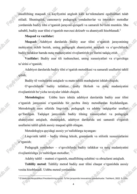 yoti darslari va tanlangan badiiy matnlar misol sifatida o‘rganiladi; metodlar: tahliliy metod, solishtirish, matn tahlili, pedagogik kuzatish va adabiy manbalarni o‘rganish; natija: adabiyot darslarida badiiy tilni o‘rgatishning samarali usullari va tavsiyalar ishlab chiqish. mavzuning amaliy ahamiyati: ushbu kurs ishining amaliy ahamiyati shundaki: o‘qituvchilar uchun adabiyot darslarida badiiy tilni samarali o‘rgatish bo‘yicha tavsiyalarni ishlab chiqadi; o‘quvchilarda badiiy tafakkur, nutq madaniyati va estetik didni rivojlantirishga yordam beradi; pedagogik metodlarni qo‘llash orqali darslarni interaktiv va qiziqarli qilish imkonini yaratadi; zamonaviy ta’lim jarayonida badiiy tilni o‘rgatishning samaradorligini oshiradi va metodik tajribani boyitadi. kurs ishining tarkibiy tuzilishi – kirish, ikkita bob, 6 ta paragraf, xulosa va foydalanilgan adabiyotlar ro‘yxatidan iborat. 6 i bob. badiiy asar tili va uning o‘ziga xosligi 1.1. badiiy asar tili tushunchasi va xususiyatlari badiiy asar tili – adabiy matnda muallifning fikrini, kayfiyatini, obrazlarini ifodalash vositasi bo‘lib, u kundalik til va ilmiy til bilan farq qiladi. badiiy til nafaqat ma’lumot uzatish, balki …