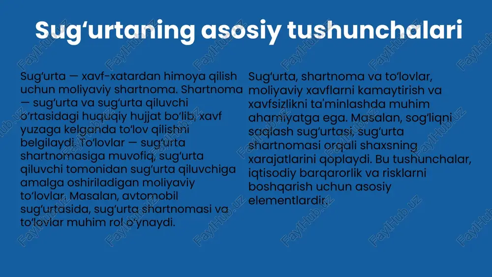 oriy etish va ish o‘rinlarini yaratishda yordam beradi. sugʻurtaning ta'siri bozor ishonchini mustahkamlashda muhim. u xavfsizlik va barqarorlikni ta'minlab, iqtisodiy faoliyatni kengaytiradi va rivojlantiradi. sugʻurta sektori moliyaviy barqarorlikni oshiradi, iqtisodiy shoklarga qarshi chidamlilikni kuchaytiradi va mamlakat iqtisodiy salohiyatini mustahkamlaydi. 1 2 3 4 sugʻurtaning rivojlanish istiqbollari kelajakda sugʻurtaning rivojlanishi texnologik innovatsiyalar va yangi bozorlar bilan bogʻliq. sun’iy intellekt, blokcheyn va raqamli platformalar orqali xizmatlar kengayadi. yangi mahsulotlar va ekologik hamda ijtimoiy muhitga moslashuv imkoniyatlari oshadi. bu o'zgarishlar sugʻurta sohasini yanada rivojlantirish va mijozlar ehtiyojlarini qondirish uchun yangi imkoniyatlar yaratadi. photo by yaroslav zotov on unsplash sugʻurtaning jamiyatdagi roli sugʻurtaning jamiyatdagi roli keng va muhimdir. u ijtimoiy barqarorlikni ta'minlashda asosiy omil hisoblanadi. sugʻurtalar oilaviy, iqtisodiy va ijtimoiy xavfsizlikni mustahkamlashga xizmat qiladi. ijtimoiy-iqtisodiy ahamiyati jihatidan, sugʻurtalar muhim iqtisodiy tarmoqlar bilan chambarchas bogʻliq. ular iqtisodiy faoliyatni qoʻllab-quvvatlab, xavf-xatarlarga qarshi himoya, shuningdek, iqtisodiy rivojlanishni ragʻbatlantiradi. sugʻurtaning ijtimoiy barqarorlikka ta'siri keng qamrovli. u muhim ijtimoiy …