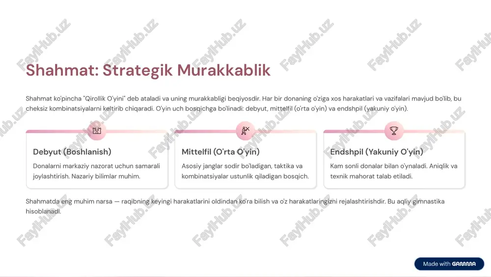 etdi va ai tadqiqotlari uchun yangi yo'nalishlarni ochdi. https://gamma.app/?utm_source=made-with-gamma madaniy va sport ahamiyati shahmat va shashka butun dunyoda nafaqat o'yin, balki sport va madaniy meros sifatida ham qadrlanadi. shahmat fide tomonidan boshqariladigan global sport turi bo'lib, professional chempionatlar va unvonlarga ega. shahmat 4 bu san'at, fan va sportning uyg'unlashuvi. shashka esa, aksincha, hamma uchun ochiq bo'lgan, tezkor taktik jangdir. shashka ham xalqaro federatsiyalarga ega bo'lsa-da, uning ommaviyligi ko'proq dam olish va ijtimoiy o'yin sifatida saqlanib qolgan. ikkala o'yin ham avlodlar o'rtasidagi aloqani mustahkamlaydi. https://gamma.app/?utm_source=made-with-gamma xulosa: aql o'yinlarining kelajagi shahmat va shashka o'zlarining qadimiy ildizlariga qaramay, zamonaviy dunyoda ham dolzarbligini yo'qotmagan. ular inson aqlini charxlaydigan, strategik fikrlashni o'rgatadigan va raqobat ruhini uyg'otadigan noyob vositalardir. shahmat: cheksiz strategiya professional sport sifatida rivojlanishda davom etmoqda, yoshlar orasida mashhurligi oshmoqda. shashka: taktik tezlik oddiy qoidalari tufayli ta'lim va dam olish uchun ajoyib vosita bo'lib qolmoqda. raqamli platformalar onlayn o'yin platformalari orqali global miqyosda millionlab …