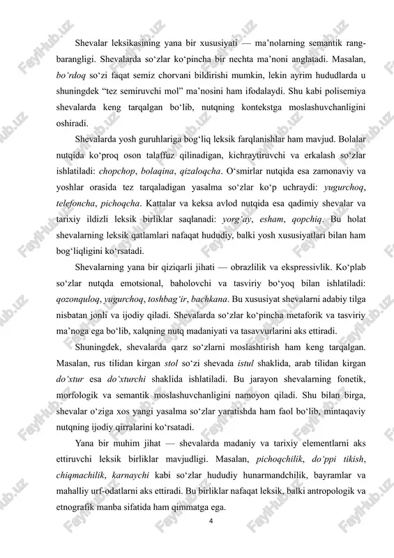 lida, arab tilidan kirgan do‘xtur esa do‘xturchi shaklida ishlatiladi. bu jarayon shevalarning fonetik, morfologik va semantik moslashuvchanligini namoyon qiladi. shu bilan birga, shevalar o‘ziga xos yangi yasalma so‘zlar yaratishda ham faol bo‘lib, mintaqaviy nutqning ijodiy qirralarini ko‘rsatadi. yana bir muhim jihat — shevalarda madaniy va tarixiy elementlarni aks ettiruvchi leksik birliklar mavjudligi. masalan, pichoqchilik, do‘ppi tikish, chiqmachilik, karnaychi kabi so‘zlar hududiy hunarmandchilik, bayramlar va mahalliy urf-odatlarni aks ettiradi. bu birliklar nafaqat leksik, balki antropologik va etnografik manba sifatida ham qimmatga ega. 5 shevalarning leksik xususiyatlaridan yana biri — ular o‘zbek tilining adabiy tiliga nisbatan ko‘proq obrazlilik, emotsionallik va ekspressivlikka ega. masalan, qozonquloq, yugurchoq, bachkana, toshbag‘ir kabi yasalma so‘zlar nutqda tasviriy va hissiy ifodani kuchaytiradi. bu xususiyat shevalarning lingvistik jihatdan dinamik, jonli va ijodiy qatlam ekanligini ko‘rsatadi. shuningdek, shevalarda qarz so‘zlar ham o‘ziga xos tarzda moslashtiriladi. rus, tojik yoki arab tilidan kirib kelgan so‘zlar shevalar nutqida hududiy talaffuz va morfologik xususiyatlarga …
