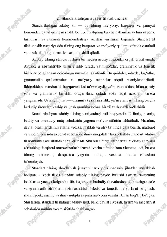 a’minlaydi. standart tilning shakllanish jarayoni tarixiy va madaniy jihatdan murakkab bo‘lgan. o‘zbek tilida standart adabiy tilning paydo bo‘lishi asosan 20-asrning boshlarida yuzaga kelgan bo‘lib, bu jarayon hududiy shevalardan kelib tushgan so‘z va grammatik birliklarni tizimlashtirish, leksik va fonetik me’yorlarni belgilash, shuningdek, rasmiy va ilmiy nutqda yagona me’yorni yaratish bilan bog‘liq bo‘lgan. shu tariqa, standart til nafaqat adabiy ijod, balki davlat siyosati, ta’lim va madaniyat sohalarida muhim vosita sifatida shakllangan. adabiy tilning standartlashuvi nafaqat normativ jihat bilan cheklanmaydi, balki tilning ma’naviy va madaniy funksiyalarini ham kuchaytiradi. standart til orqali xalqning madaniy merosi, tarixiy tajribasi va milliy qadriyatlari avloddan-avlodga uzluksiz yetkaziladi. masalan, adabiy til orqali klassik adabiyot asarlari, xalq og‘zaki ijodi va ilmiy ishlar yagona tushunarli shaklda saqlanadi va keng ommaga yetkaziladi. bundan tashqari, standartlashgan adabiy til yangi so‘zlarni yaratish va terminologiyani tizimlashtirishda ham markaziy o‘rin tutadi. yangi ilmiy, texnik va madaniy atamalar dastlab shevalarda paydo bo‘lishi mumkin, lekin ular standart tilga …