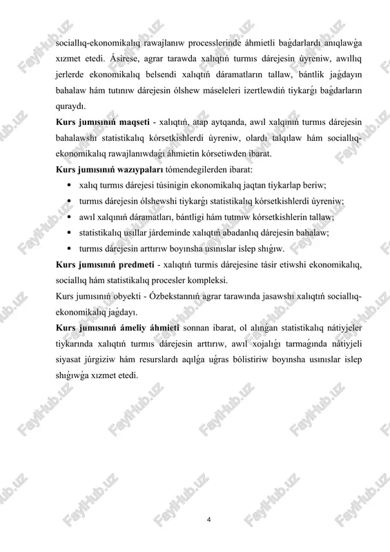 sında belgili ayırmashılıqlar bar. turmıs dárejesi - bul materiallıq jaqtan ólshenetuģın kórsetkish bolıp, dáramat, tutınıw hám jasaw sharayatlarına tiykarlanadı. turmıs sapası bolsa, materiallıq faktorlar menen bir qatarda, sociallıq, mádeniy, ekologiyalıq hám psixologiyalıq faktorlardı da óz ishine aladı. xalıqtıń turmıs dárejesiniń ekonomikalıq mazmunı ekonomikalıq mánisi kózqarasınan, xalıqtıń turmis dárejesi jámiyet óndiris procesinde jaratılgan milliy baylıqtıń xalıq arasında qalay bólistirilip atırganın, xalıqtıń óndiristegi qatnası hám olarga tiyisli dáramat dereklerin kórsetedi. turmıs dárejesi ekonomikalıq sistemanıń turaqlılıǵı, miynet ónimdarlıǵı, miynet haqı dárejesi, inflyaciya pátleri hám sociallıq siyasat penen tikkeley baylanıslı. sol sebepli, turmıs dárejesin anıqlawda tek ǵana dáramat kólemin emes, al real dáramattı - yaǵnıy xalıq paydalanıwı múmkin bolǵan tovar hám xızmetler muǵdarın esapqa alıw úlken áhmietke ie. sebebi nominal dáramatlar kóbeygen jaǵdayda da, inflyaciya joqarı bolsa, real abadanlıq tómenleydi. turmıs dárejesin qáliplestiriwshi tiykarǵı faktorlar 1. dáramatlar dárejesi hám dárekleri. xalıqtıń miynet iskerliginen, isbilermenlikten, múlkten hám sociallıq tólemlerden alatuģın dáramatları tiykarģı rol oynaydı. 2. …