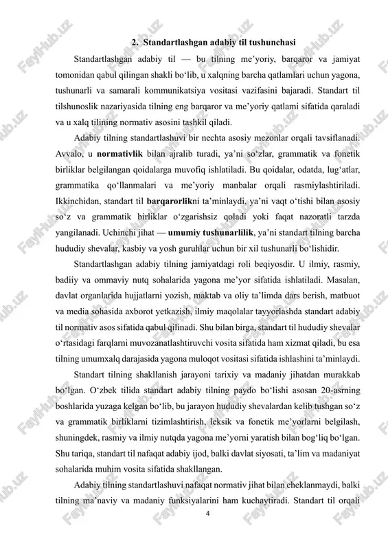 ashini ta’minlaydi. standart tilning shakllanish jarayoni tarixiy va madaniy jihatdan murakkab bo‘lgan. o‘zbek tilida standart adabiy tilning paydo bo‘lishi asosan 20-asrning boshlarida yuzaga kelgan bo‘lib, bu jarayon hududiy shevalardan kelib tushgan so‘z va grammatik birliklarni tizimlashtirish, leksik va fonetik me’yorlarni belgilash, shuningdek, rasmiy va ilmiy nutqda yagona me’yorni yaratish bilan bog‘liq bo‘lgan. shu tariqa, standart til nafaqat adabiy ijod, balki davlat siyosati, ta’lim va madaniyat sohalarida muhim vosita sifatida shakllangan. adabiy tilning standartlashuvi nafaqat normativ jihat bilan cheklanmaydi, balki tilning ma’naviy va madaniy funksiyalarini ham kuchaytiradi. standart til orqali 5 xalqning madaniy merosi, tarixiy tajribasi va milliy qadriyatlari avloddan-avlodga uzluksiz yetkaziladi. masalan, adabiy til orqali klassik adabiyot asarlari, xalq og‘zaki ijodi va ilmiy ishlar yagona tushunarli shaklda saqlanadi va keng ommaga yetkaziladi. bundan tashqari, standartlashgan adabiy til yangi so‘zlarni yaratish va terminologiyani tizimlashtirishda ham markaziy o‘rin tutadi. yangi ilmiy, texnik va madaniy atamalar dastlab shevalarda paydo bo‘lishi mumkin, lekin ular …