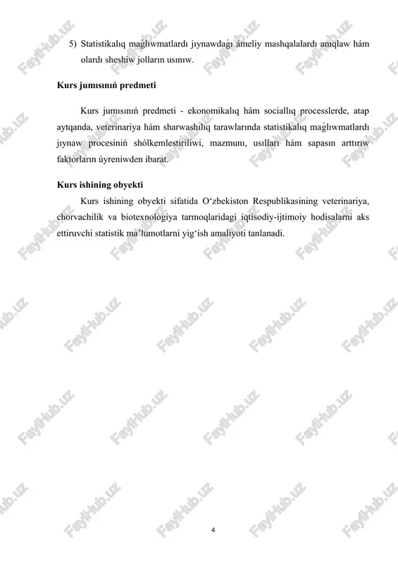 talaplarına da ámel etiliwi zárúr, sebebi nadurıs yamasa jalǵan maǵlıwmatlar pútkil tallaw procesin isenimsiz halǵa keltiredi. demek, statistikalıq maǵlıwmatlardı jıynaw - bul tek ǵana texnikalıq process emes, al ilimiy tallaw ushın tiykar jaratatuǵın sistemalı jumıs bolıp esaplanadı. ol barlıq tarmaqlarda, sonıń ishinde, veterinariya hám biotexnologiya baǵdarlarında da ilimiy izertlewler, mámleketlik siyasat hám óndiris nátiyjeliligin bahalawda ayrıqsha áhmietke ie. 1.2. statistikalıq maǵlıwmatlardıń tiykarģı derekleri. statistikalıq maǵlıwmatlardıń tiykarǵı derekleri - bul jámiyette júz berip atırǵan ekonomikalıq, sociallıq, tábiyǵıy hám texnologiyalıq processler haqqındaǵı faktikalıq maǵlıwmatlardı toplaw hám dizimge alıw imkaniyatın beretuǵın hár qıylı kórinistegi málimleme sistemaları, hújjetler, baqlaw nátiyjeleri hám maǵlıwmatlar bazaları bolıp tabıladı. hár qanday statistikalıq tallaw isenimli maǵlıwmat deregine súyenedi, sonıń ushın maǵlıwmatlardıń kelip shıǵıw deregin durıs anıqlaw statistikalıq izertlewdiń eń áhmietli shártlerinen biri bolıp tabıladı. statistikalıq maǵlıwmatlar derekleri tiykarınan birlemshi hám ekilemshi dereklerge bólinedi. birlemshi derekler - bul tikkeley baqlaw, sorawnama, esap-sanaq, tájiriybe yamasa dizimge alıw nátiyjesinde alınǵan dáslepki maǵlıwmatlar …