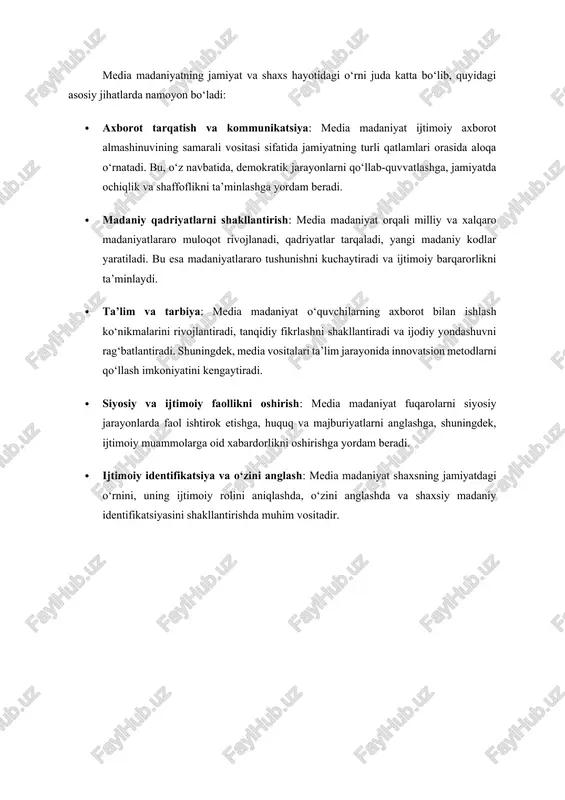 media vositalari va ulardan foydalanish madaniyatini oladi, innovatsion pedagogika esa ta’lim jarayonida yangi yondashuvlar va texnologiyalarni joriy etishga qaratilgan faoliyatdir. ushbu ikki sohaning uzviy bog‘lanishi ta’limning sifat va samaradorligini oshirishda, o‘quvchilarni zamonaviy axborot muhitiga moslashtirishda asosiy vazifalarni bajaradi. media madaniyat va innovatsion pedagogika o‘rtasidagi munosabat media madaniyat ta’lim jarayonida axborot vositalaridan foydalanishni anglatadi, bunda nafaqat axborot olish, balki uni tanqidiy tahlil qilish, yaratish va uzatish ko‘nikmalari shakllantiriladi. innovatsion pedagogika esa o‘qitish va o‘rganish jarayonini samarali qilish uchun yangi texnologiyalar, pedagogik metodlar va vositalarni qo‘llashga asoslangan. media madaniyatning pedagogik jarayonga kirib kelishi innovatsion pedagogikaning asosiy tarkibiy qismiga aylangan bo‘lib, ular o‘zaro o‘zlashtirish va hamkorlikda rivojlanmoqda. media madaniyat o‘quvchilarning axborot madaniyatini, ya’ni axborotni qabul qilish, tanqidiy baholash va ijodiy yondashuv bilan ishlash ko‘nikmalarini rivojlantiradi. bu esa innovatsion pedagogikaning asosiy maqsadi bo‘lgan shaxsning ijodiy va tanqidiy fikrlash qobiliyatlarini oshirishga xizmat qiladi. shu tariqa, media madaniyat ta’lim jarayonini interaktiv va ko‘p qirrali shaklda tashkil …