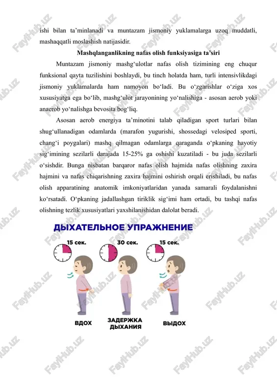 iy sonining ko‘payishi kuzatiladi, bu esa yanada samarali transport tizimini yaratadi. maksimal kislorod iste’moli (mki) butun kislorod tashish tizimining funksional imkoniyatlarining integral ko‘rsatkichi bo‘lib xizmat qiladi. mashq qilmagan odamlarda kmi nisbatan kamtarona 35-45 ml/kg/min ni tashkil qiladi, chidamlilikka ixtisoslashgan sportchilarda esa bu ko‘rsatkich 70-85 ml/kg/min ga yetishi mumkin - bu deyarli ikki baravar ustunlikdir. mki ning yuqori ko‘rsatkichlari kislorod tashish tizimining barcha bo‘g‘inlarining faqat kelishilgan ishi bilan ta’minlanadi va muntazam jismoniy yuklamalarga uzoq muddatli, mashaqqatli moslashish natijasidir. mashqlanganlikning nafas olish funksiyasiga ta’siri muntazam jismoniy mashg‘ulotlar nafas olish tizimining eng chuqur funksional qayta tuzilishini boshlaydi, bu tinch holatda ham, turli intensivlikdagi jismoniy yuklamalarda ham namoyon bo‘ladi. bu o‘zgarishlar o‘ziga xos xususiyatga ega bo‘lib, mashg‘ulot jarayonining yo‘nalishiga - asosan aerob yoki anaerob yo‘nalishga bevosita bog‘liq. asosan aerob energiya ta’minotini talab qiladigan sport turlari bilan shug‘ullanadigan odamlarda (marafon yugurishi, shossedagi velosiped sporti, chang‘i poygalari) mashq qilmagan odamlarga qaraganda o‘pkaning hayotiy sig‘imining sezilarli darajada …