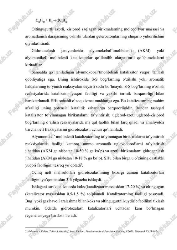 atorlarini ikkita usul bilan oladilar, ular quyidagilar: γ-al2o (γ-alyuminiy oksidi) ni molibden, nikel’ yoki kobal’t to’zlari bilan birga cho’ktirish (qanday katalizator olishiga qarab – akm yoki anm nimi), hamda alyuminiy gidrogendi al(oh)3 tegishli to’zlarni singdirish. katalizator tayyorlashning asosiy bosqichlari bo’lib quyidagilar hisoblanadi: singdirish, birga cho’ktirish, yuvish quritish, qoq qilib qo’yish, qizdirish, qaytarish, xlorlash va oltingugurtlash. faollikni oshirish uchun turli promotorlarni kiritadilar, ular orasida boshiseolitlar, nodir yer metallar va boshqalar bor. kaliy va litiyni 1,5 % (mas.) gacha bo’lgan miqdorda qo’shish akm- katalizatorining barqaror faolligini 10-20 % ga oshirishga imkon beradi, ayniqsa og’irlashgan fraksiyani qayta ishlashda koks hosil bo’lishining kamayishi hisobiga ftor va xlorni saqlagan qo’shimchalarning faollashtiruvchi ta`siri ehtimol molibdenli markazlarning l’yuiskislotaligi oshishida va anionli vakansiyalarning elektronoakseptor kuchida bo’lsa kerak. gidrotozalash neft xomashyosi katalizatorlari faol komponentlar [18 - % (mas) ] 25 ( gidrirlangan fraktsiya ): mo, sulfidlar va ( oksidlar ni,so) ba'zida sr,w,fe kislota funktsiyali komponet ( kreking i izomerlash) …