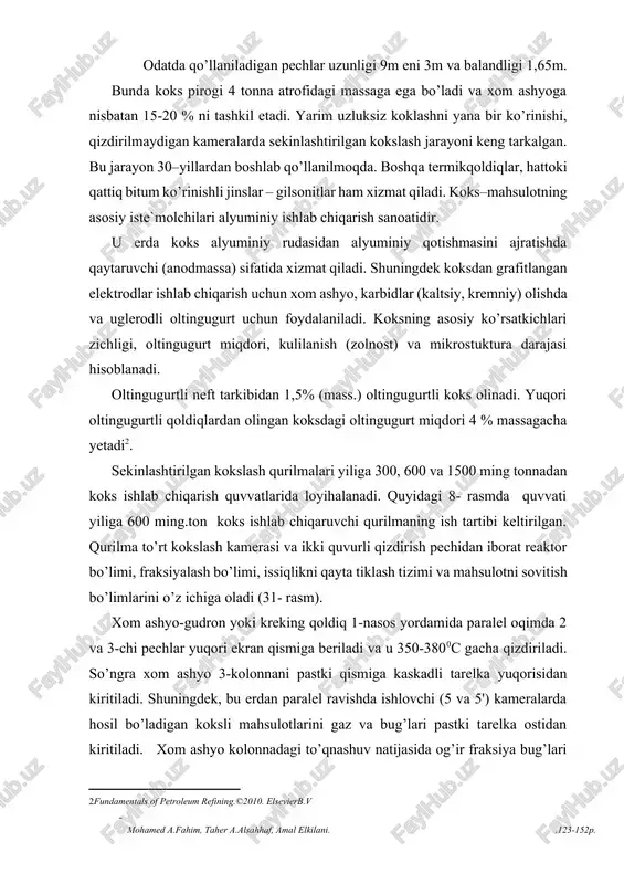 risidan kiritiladi. shuningdek, bu erdan paralel ravishda ishlovchi (5 va 5') kameralarda hosil bo’ladigan koksli mahsulotlarini gaz va bug’lari pastki tarelka ostidan kiritiladi. xom ashyo kolonnadagi to’qnashuv natijasida og’ir fraksiya bug’lari kondenstatciyalanadi va xom ashyo bilan aralashadi. bunga ko’ra kolonna pastida resirkulyat yoki ikkilamchi xom ashyo hosil bo’ladi. ikkilamchi xom ashyo 9-kolonnadan 6-nasos yordamida 2 va 3-chi pechlarga qaytariladi va 490-5100c gacha qizdiriladi. pech quvurlarida koks hosil bo’lishi oldini olish maqsadida yuqori ekran qismiga ~3% gacha turbulizator deb ataluvchi jihozga qizdirilgan suv bug’i beriladi. suv bug’i berilishi hisobidan oqimni zmeevikning reaktsion qismidan o’tish tezlashadi. qizdirilgan ortiqcha bug’dan 10 va 11-chi bug’latish kolonnalarida ishlatish mumkin. bug’ holdagi aralashma pechlaridan so’ng paralel oqimda to’rt yo’lli 7jo’mraklar orqali ikki teng ishlovchi 5-kameraga kiritiladi. bu vaqtda qolgan ikki kamera (5’) ishchi davriy siklga tayyorlanadi. qaynoq xom ashyo kameralar pastidan beriladi va asta-sekinlik bilan to’lib boradi. hajmi ancha katta ichki diameri 4,6-5,5m va balandligi 27-28m. …