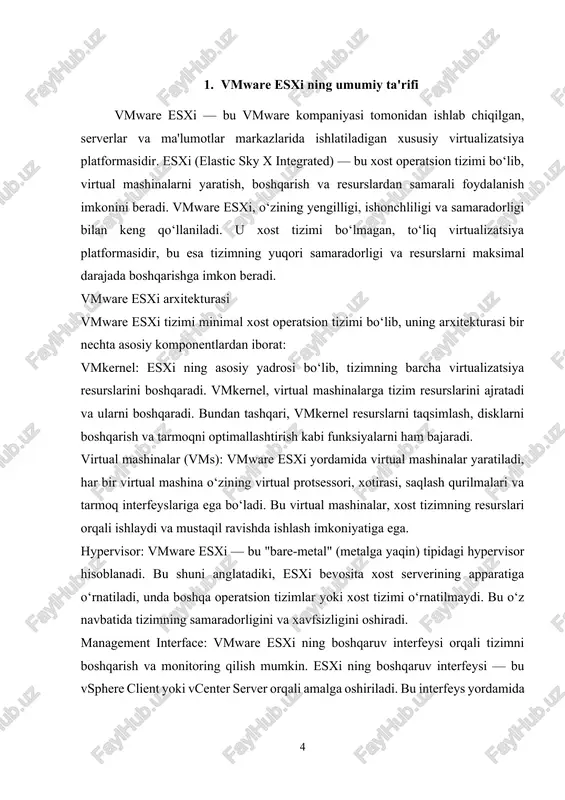 aqsimlashda yuqori samaradorlikka ega. masofaviy boshqaruv: vmware esxi tizimi masofaviy boshqaruv imkoniyatlarini taqdim etadi. bu, tizim administratorlariga masofadan boshqarish, monitoring qilish va tarmoq resurslarini boshqarish imkoniyatini beradi. vmware esxi — bu o‘zining yuqori samaradorligi, xavfsizligi va resurslarni boshqarishdagi imkoniyatlari bilan zamonaviy virtualizatsiya tizimlaridan biridir. ushbu tizim, katta va kichik infratuzilmalar uchun optimal yechim bo‘lib, resurslarni samarali boshqarish va tizimni boshqarishning oson yo‘llarini taqdim etadi. bu tizim yordamida foydalanuvchilar virtual mashinalarni samarali boshqarish va it infratuzilmasini optimallashtirish imkoniyatiga ega bo‘ladilar. 2. microsoft hyper-v ning ta'rifi va xususiyatlari microsoft hyper-v — bu microsoft tomonidan ishlab chiqilgan virtualizatsiya texnologiyasi bo‘lib, windows server va windows 10 operatsion tizimlarida mavjud bo‘lgan xususiyatdir. hyper-v, serverlarda va ish stansiyalarida virtual mashinalarni yaratish, boshqarish va resurslardan samarali foydalanish imkonini beradi. hyper-v tizimi, o‘zining yuqori samaradorligi, oson boshqarilishi va kengaytirilgan imkoniyatlari bilan ajralib turadi. bu texnologiya, ma'lumotlar markazlaridan tortib, kichik va o‘rta biznesgacha keng qo‘llaniladi. microsoft hyper-v arxitekturasi hyper-v …