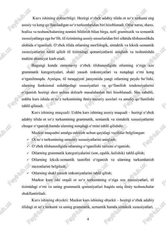 lil qilish; kurs ishining nazariy ahamiyati: ushbu tadqiqot hozirgi o‘zbek adabiy tilida ot so‘z turkumining grammatik va semantik xususiyatlarini ilmiy-nazariy asosda tahlil qilishga xizmat qiladi. o‘zbek tilshunosligida otlarning morfologik va sintaktik xususiyatlarini chuqur o‘rganish, ularning turli funksional uslublardagi o‘rni va qo‘llanilish xususiyatlarini tadqiq etish natijasida til tizimidagi qonuniyatlarni aniqlash imkoniyati kengayadi. shuningdek, mazkur kurs ishi otlarning grammatik qurilishi, leksik-semantik tasnifi va shakl yasash jarayonlari bilan bog‘liq nazariy bilimlarni boyitishga hissa qo‘shadi. ushbu tadqiqot natijalari tilshunoslik, grammatik tadqiqotlar va o‘zbek tili o‘qitish metodikasi bo‘yicha ilmiy ishlanmalar uchun foydali bo‘lishi mumkin.2 kurs ishining tuzilmasi: tadqiqot quyidagi bo‘limlardan iborat: ikki bob , 4 ta bo‘lim , xulosa , foydalanilgan adabiyotlar va foydalanilgan saytlardan iborat. 2 o‘zbekiston respublikasi prezidentining “o‘zbek tilini 2030 yilgacha rivojlantirish va takomillashtirish bo‘yicha davlat dasturi to‘g‘risida”gi pq-5850-sonli qarori 6 i bob. hozirgi o‘zbek adabiy tilida otlarning grammatik xususiyatlari 1.1. otlarning morfologik belgilariga ko‘ra tasnifi otlar predmet va tushunchalarni ifodalovchi mustaqil …